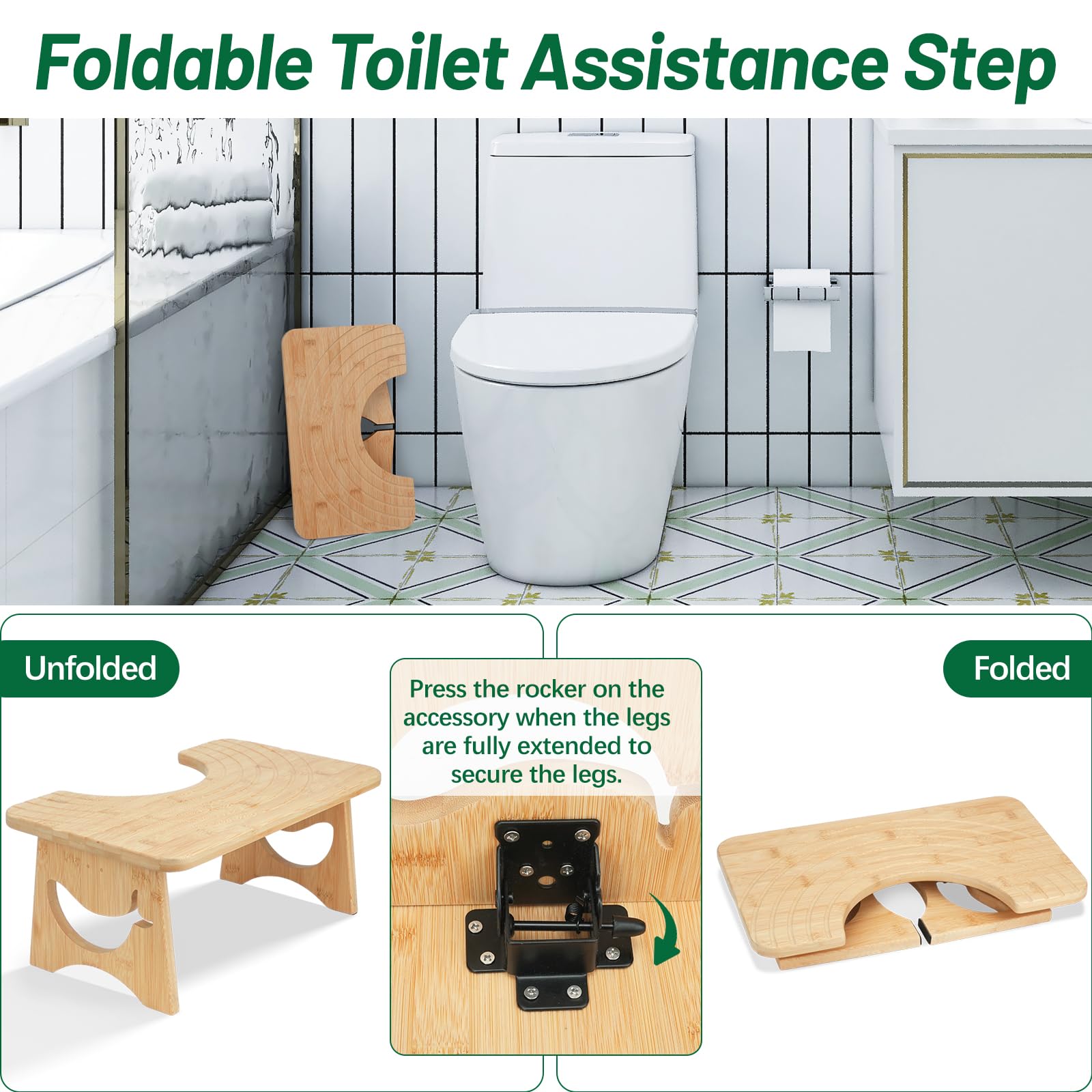 Taburete de inodoro de bambú, estructura plegable, accesorio de madera, antideslizante, aspecto ergonómico, promueve la eliminación cómoda, estructura de baño color madera natural para