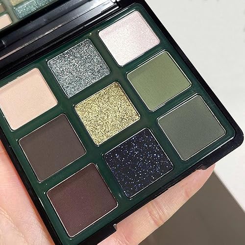 Miniatura 7 de AMY'S DIARY Paleta de maquillaje de ojos con purpurina mate verde oscuro claro, 9 colores fríos maquillaje paleta de sombra de ojos verde