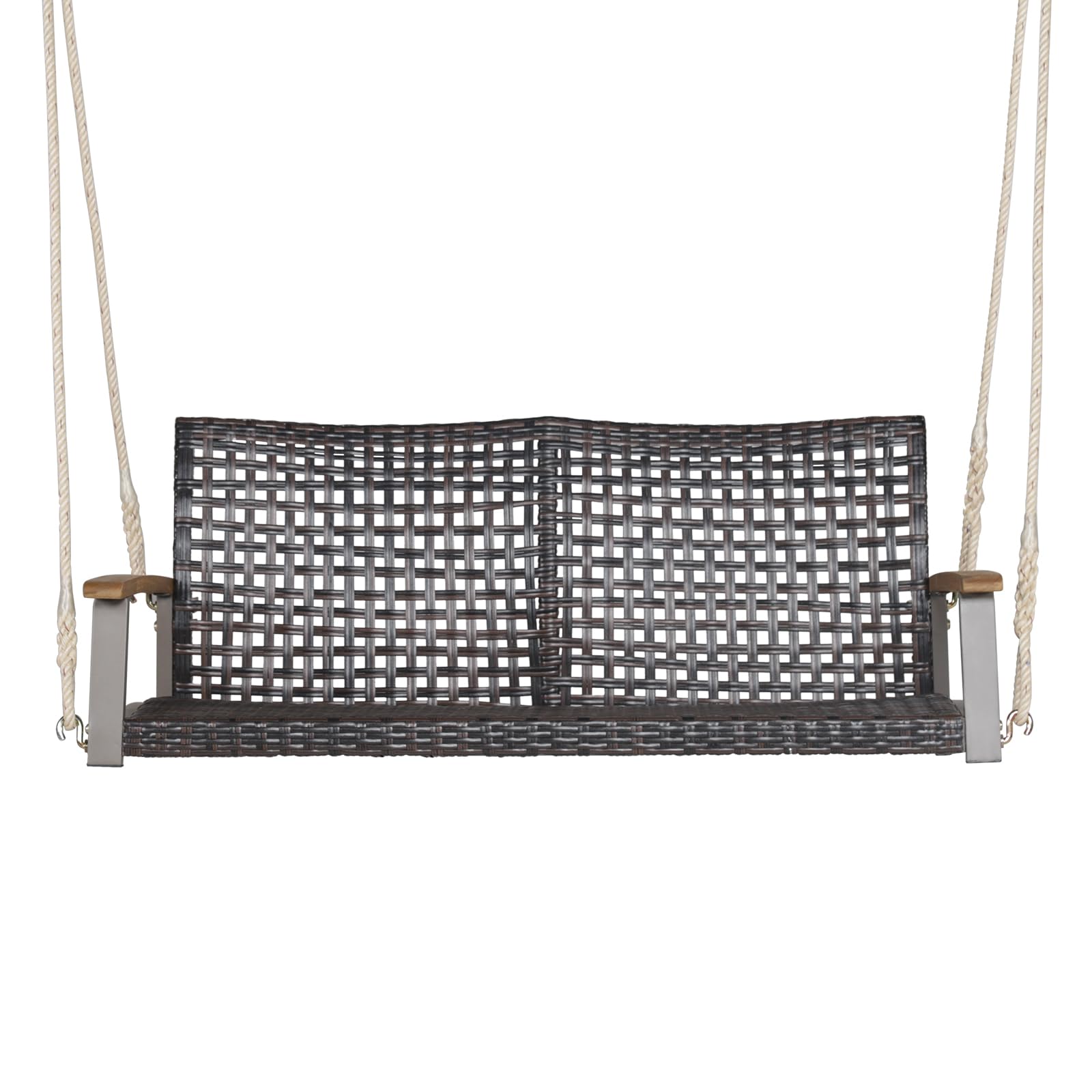 LIFEZEAL Columpio de jardín suspendido de 2 plazas, Columpio Doble de Ratán PE, Columpio de Exterior para 2 Personas con Respaldo Curvado y reposabrazos de Madera, Capacidad de Carga 360 kg
