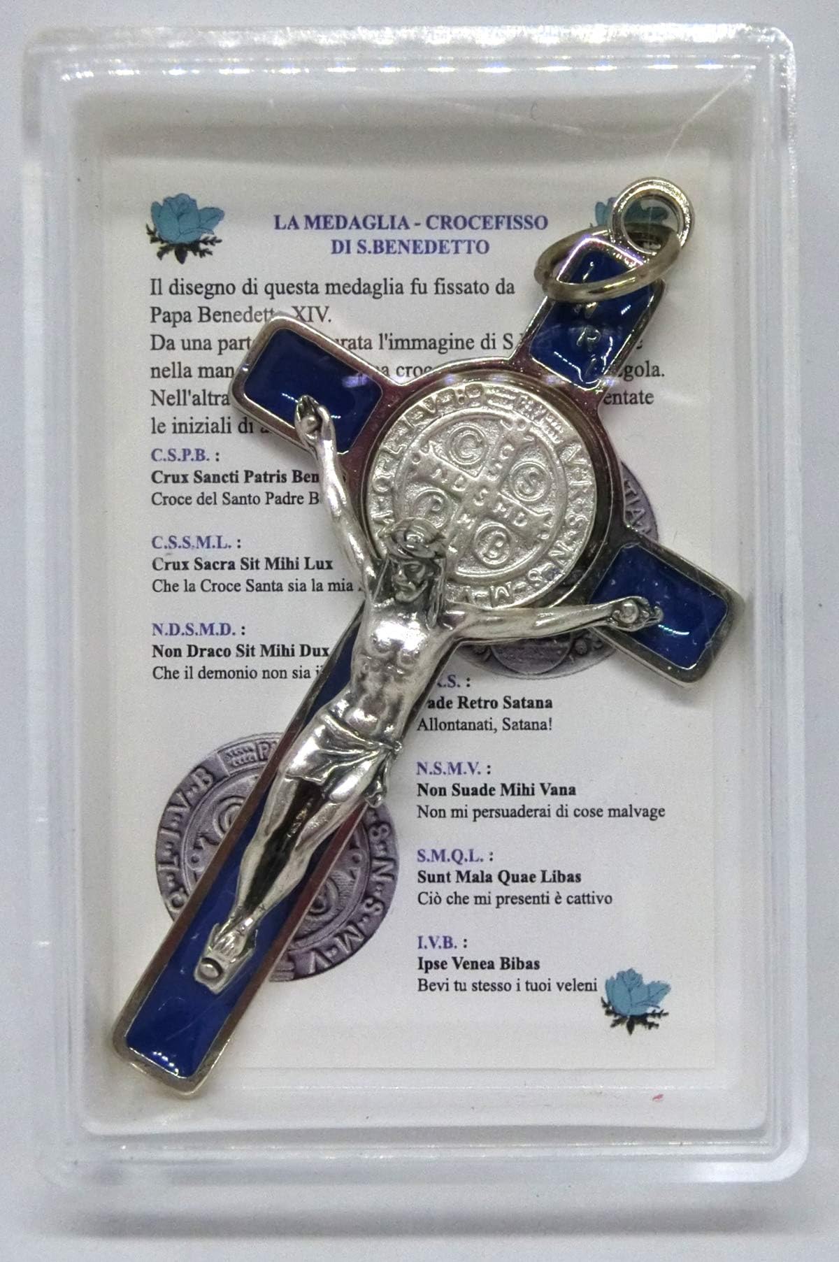 GTBITALY 10.005.11 Blue St Benedict Cross with Box and Prayer in Italian