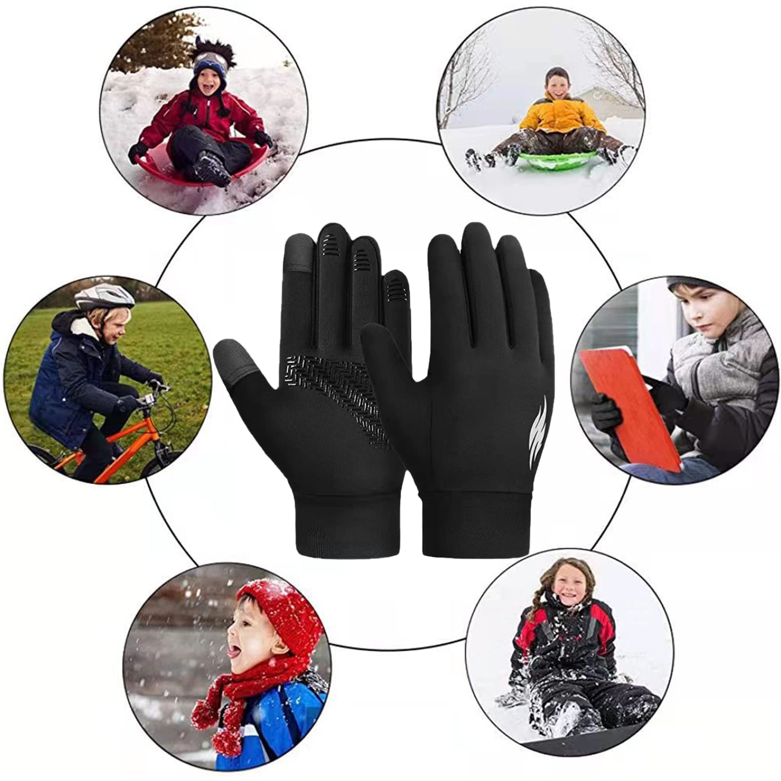 Gants d'hiver chauds imperméables écran tactile 6-12 ans garçons filles course à pied temps froid