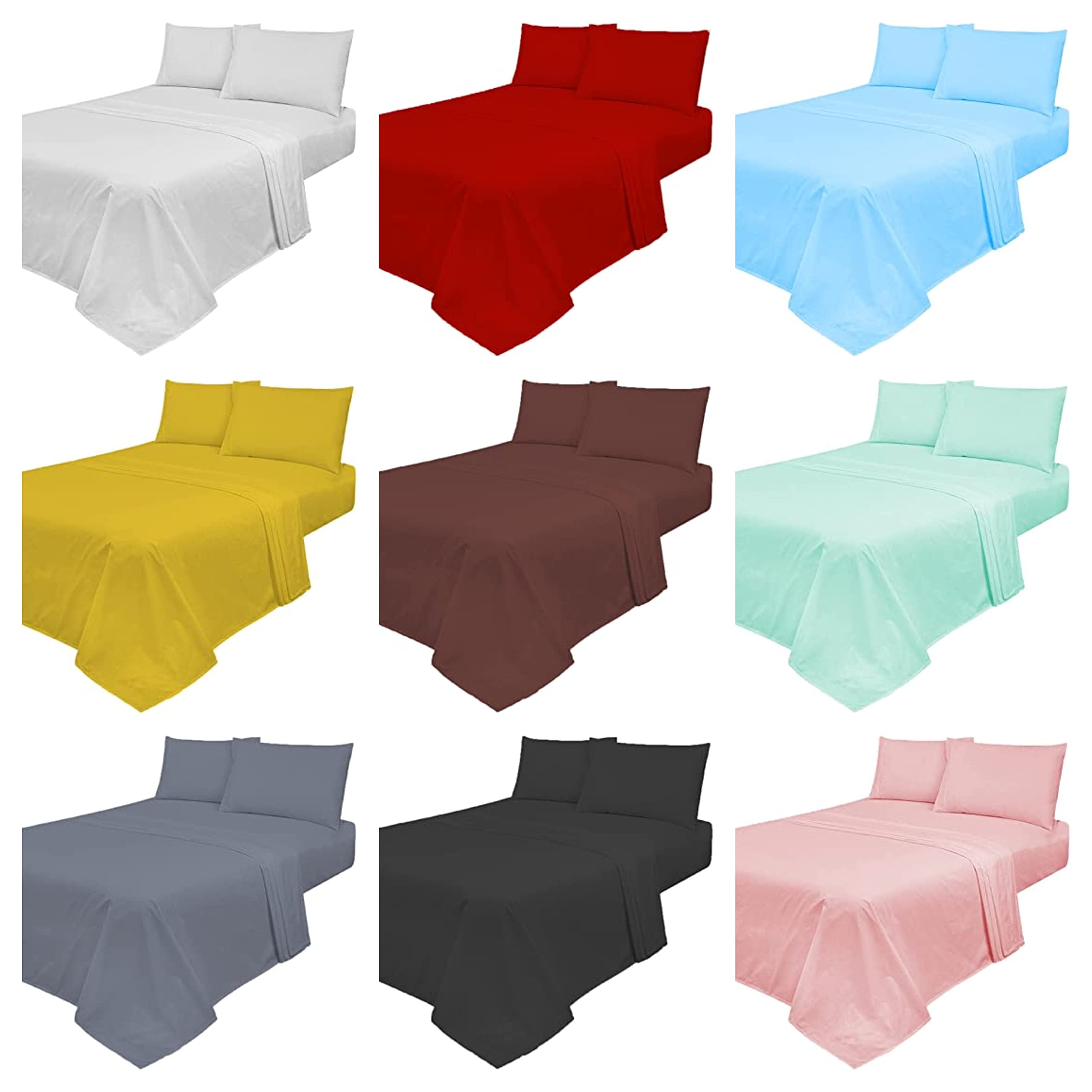 Axcent Comfort Non Iron Plain Bed Sheets Set (Flat Sheet + Fitted Sheet + Pillowcases Pair) 4 Piece Polycotton Percale Fabric (Red, Double Sheet Set)