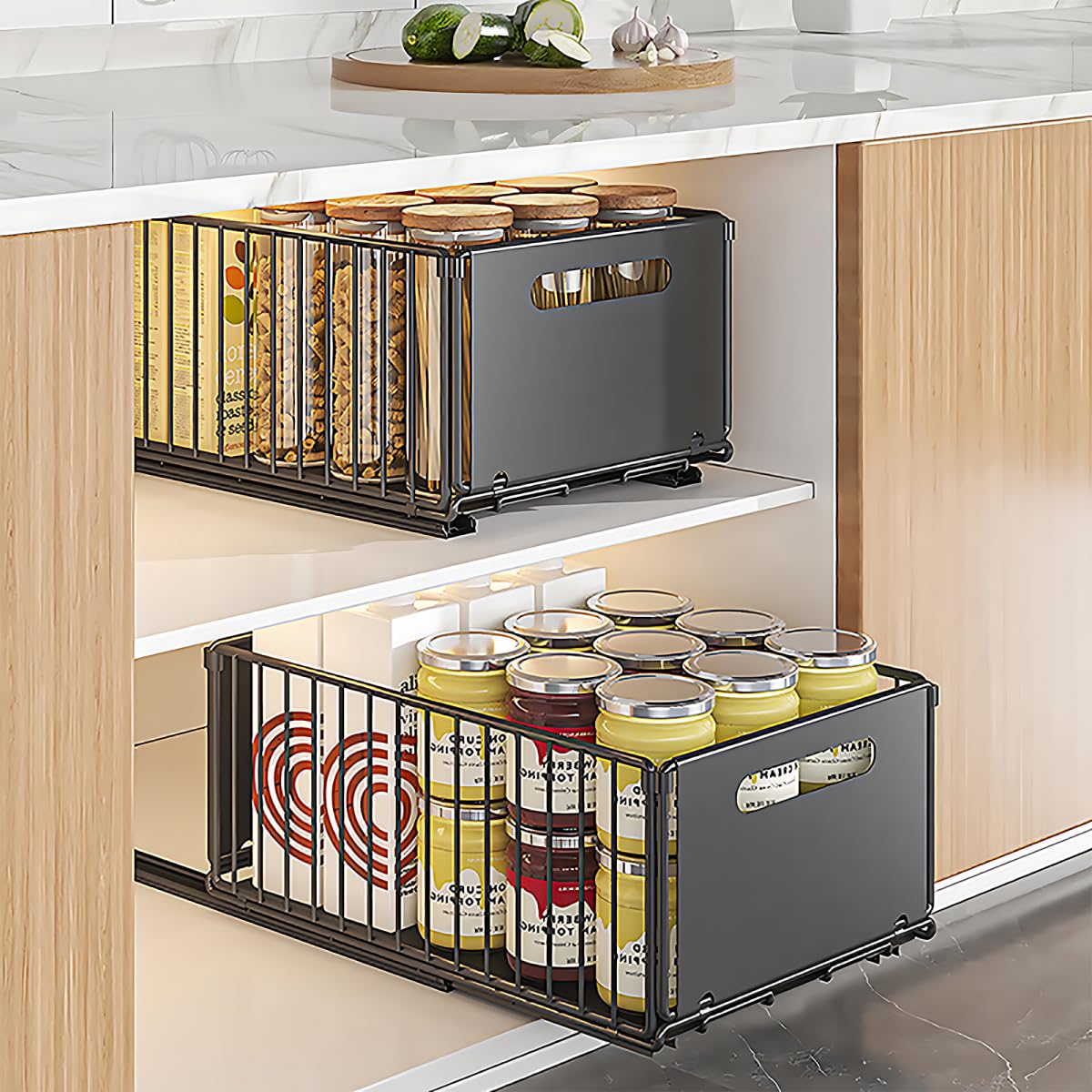 Hovoto Black 2Pcs Pull Out Cabinet Organiser Foldable, 2Pcs Pull Out Drawers For Kitchen Cupboards, Pull Out Shelf Kitchen Storage Drawer For Kitchen Cupboard, Bathroom, Bedroom, White, 24.5 * 37.5 * 19Cm