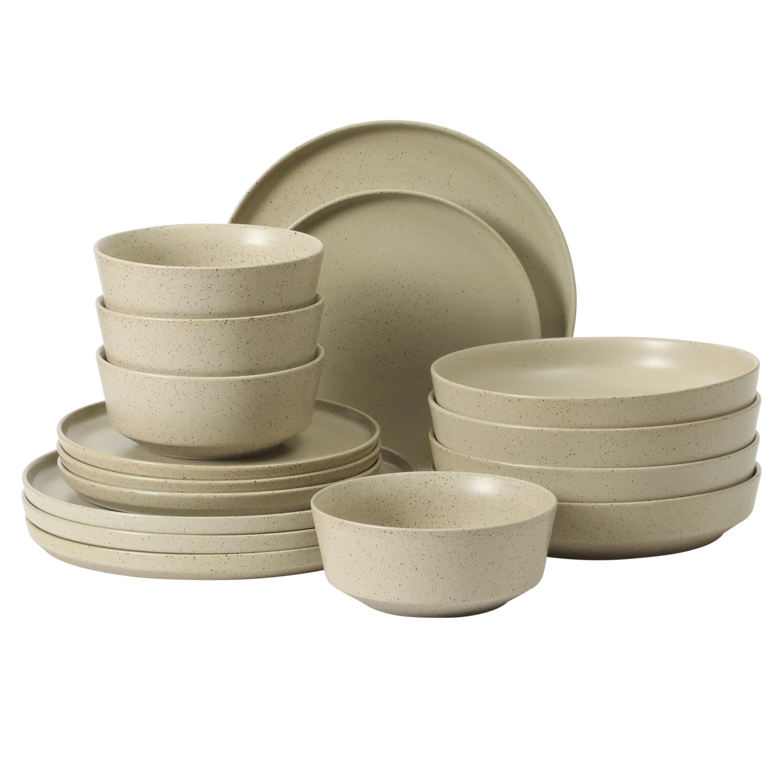 Gibson Elite Overbrook 16-Piece Pottery Clay Stoneware Dinnerware Set – White Reactive Glaze, Stackable Plates and Bowls w/Pasta Bowl, Service for 4 – Microwave &amp; Dishwasher Safe