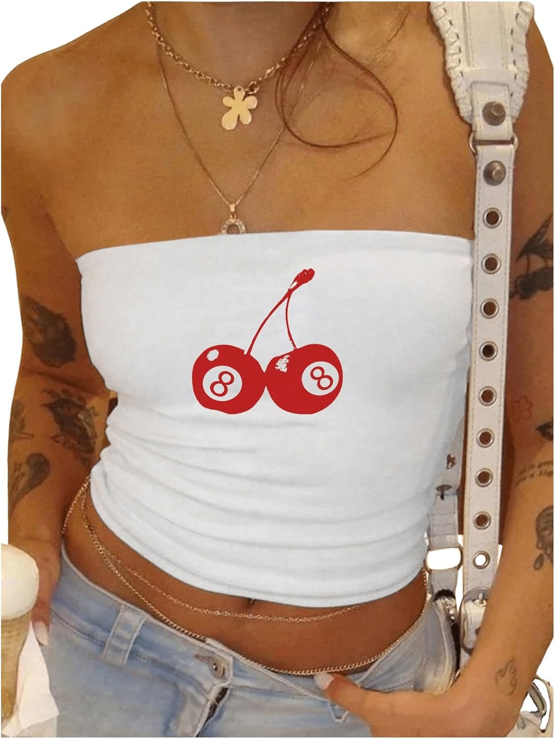 SOLY HUX Women's Skull Floral Print Tube Crop Top Sleeveless Strapless Bandeau Y2K Tops