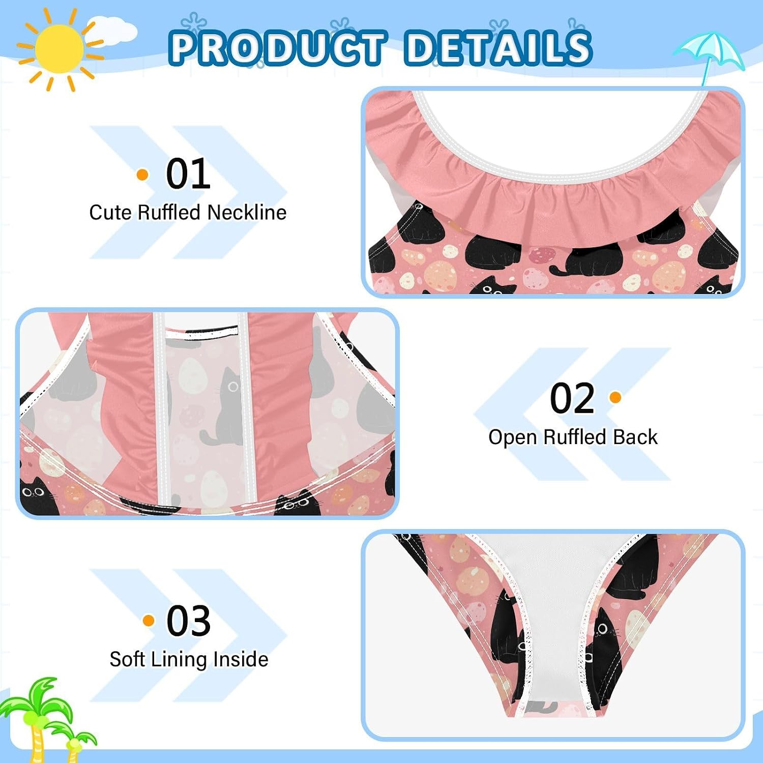 visesunny Girls One Piece Swimsuits Ruffle Swimwear Pink Eggs Cat Bathing Suits for Girls 3-6Y