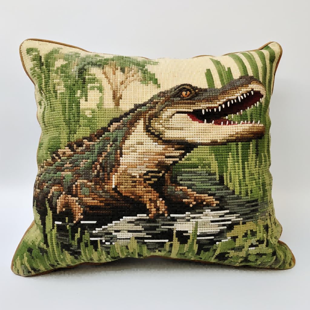 Taxpy DIY Latch Hook Kits for Adults Crocodile Animal Cushion Cover, Embroidery Set, Latch Hook Set for Teenager， Adults Or Beginners 17x17in