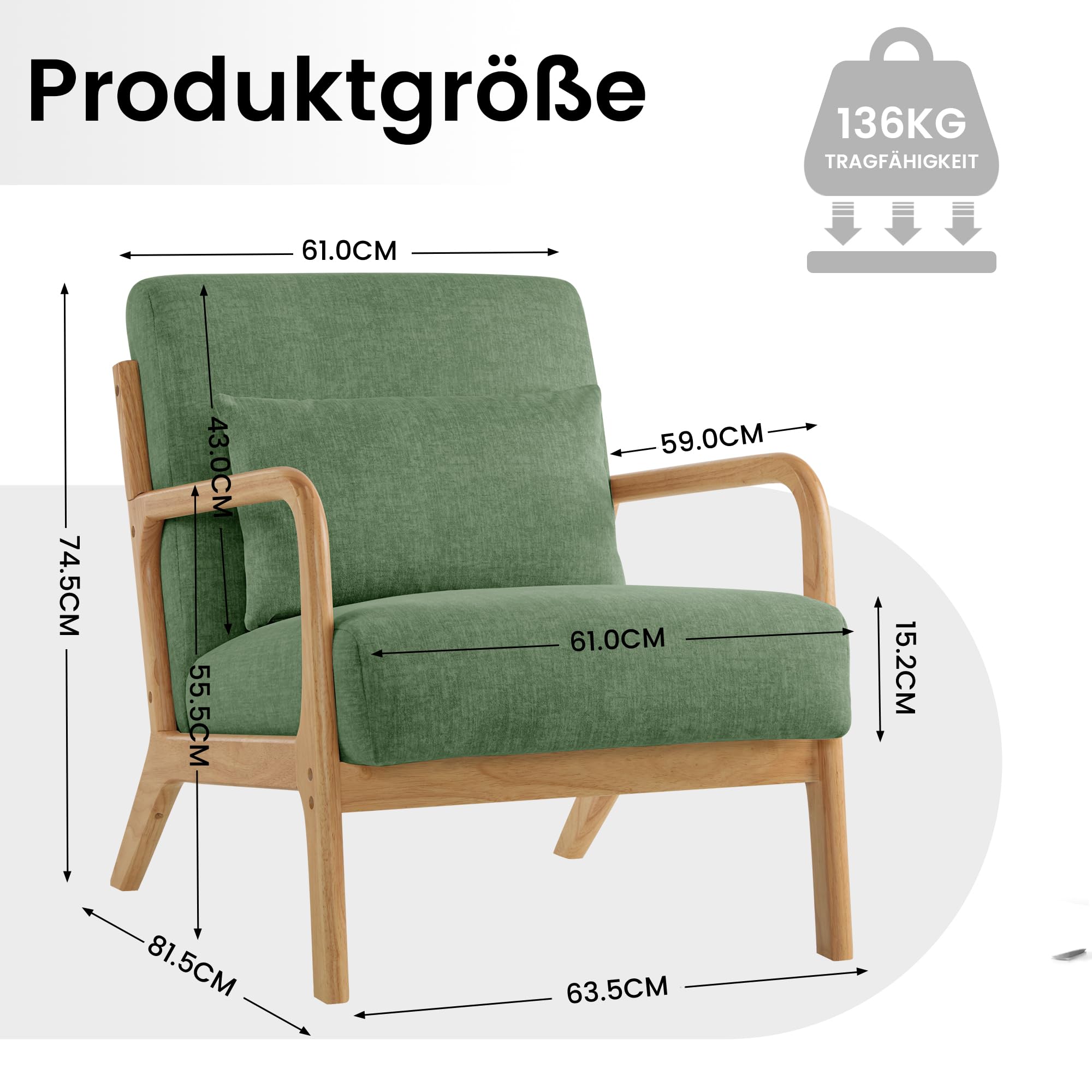 Lounge-Sessel, Akzentstuhl mit Kissen, Polstersessel mit Holzrahmen & Armlehnen, Moderner Lesesessel für Wohnzimmer, Schlafzimmer, Leseecke & Büro (81.5 x 63.5 x 74.5 cm, Grün)