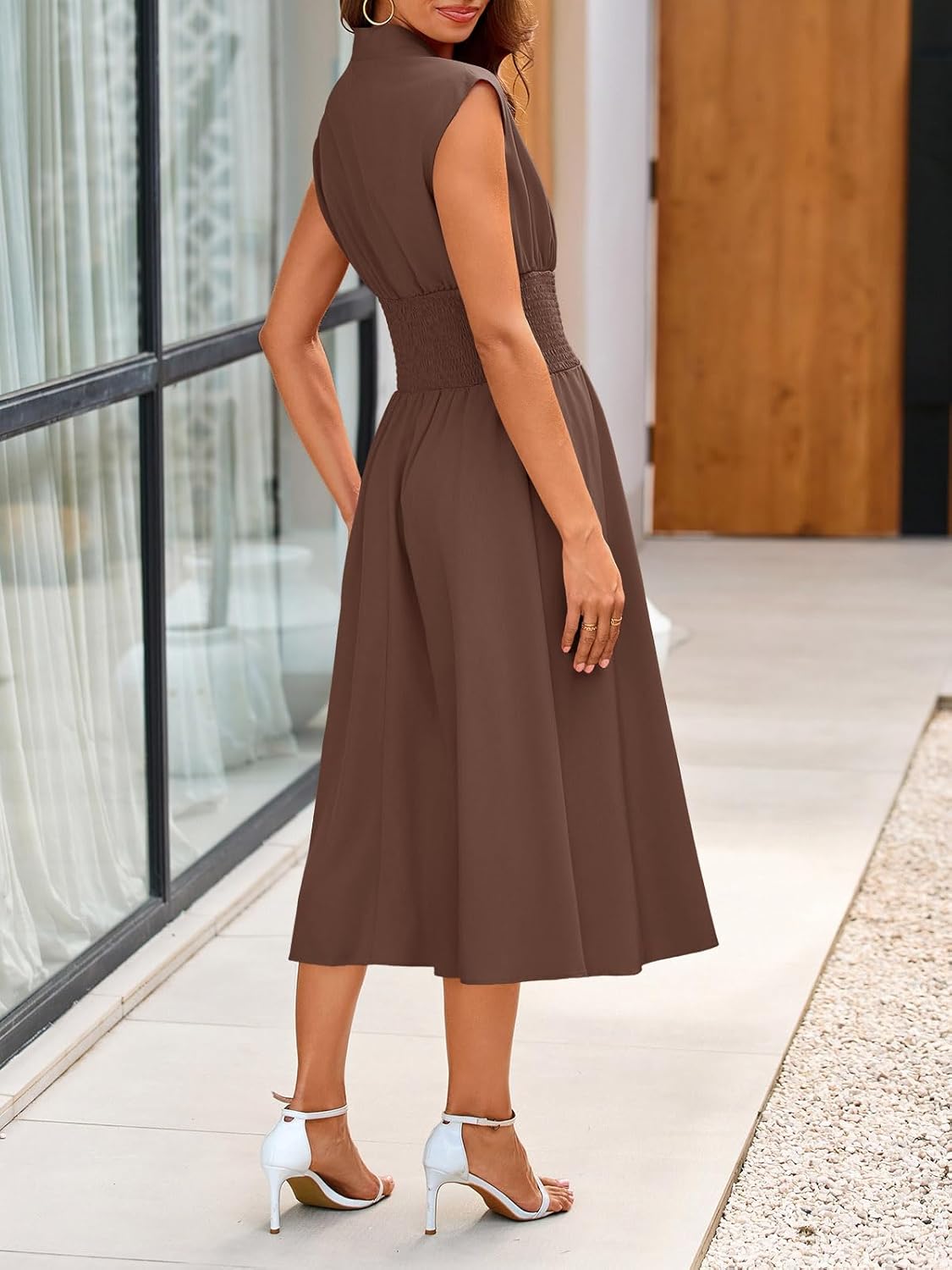 Wenrine Womens Summer Smocked Midi Dress Casual Zipper V Neck Cap Sleeve High Slit Flowy Long Dresses - Image 4