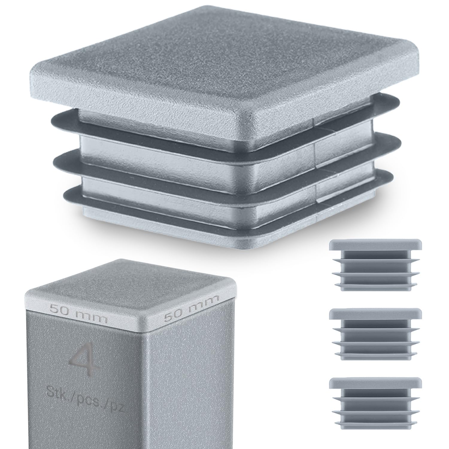 Emfa Grey Square End Caps 50X50 Mm – Plastic Tube Inserts For Steel Box Section – Tube Plugs – 4 Pcs