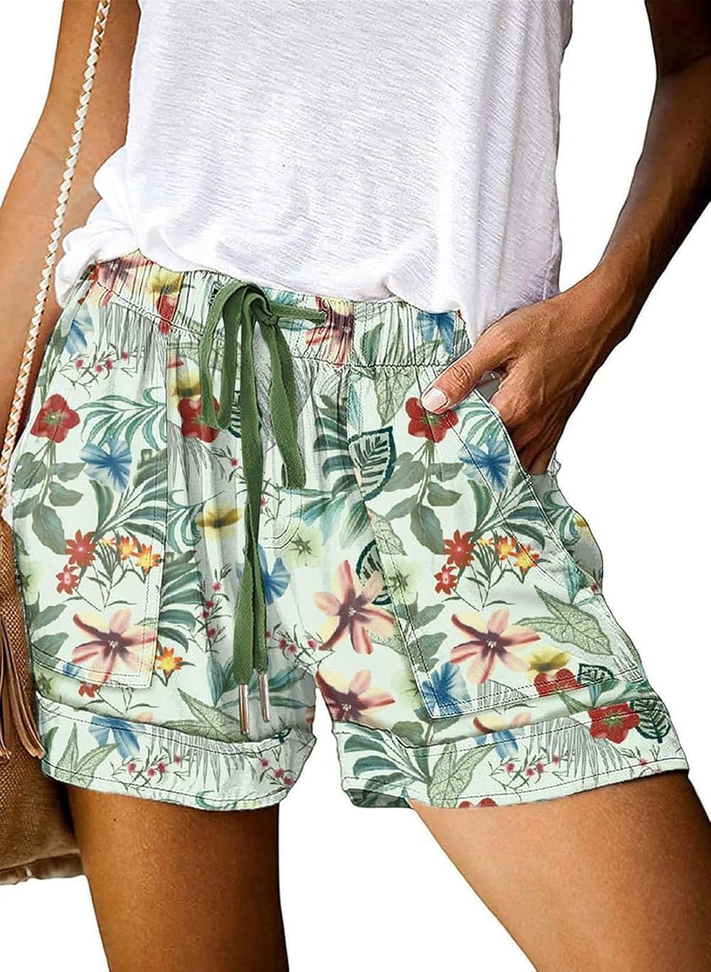 comefohome Shorts Womens UK Summer Drawstring Cotton Elastic High Waist Solid Color Casual Ladies Shorts with Pockets