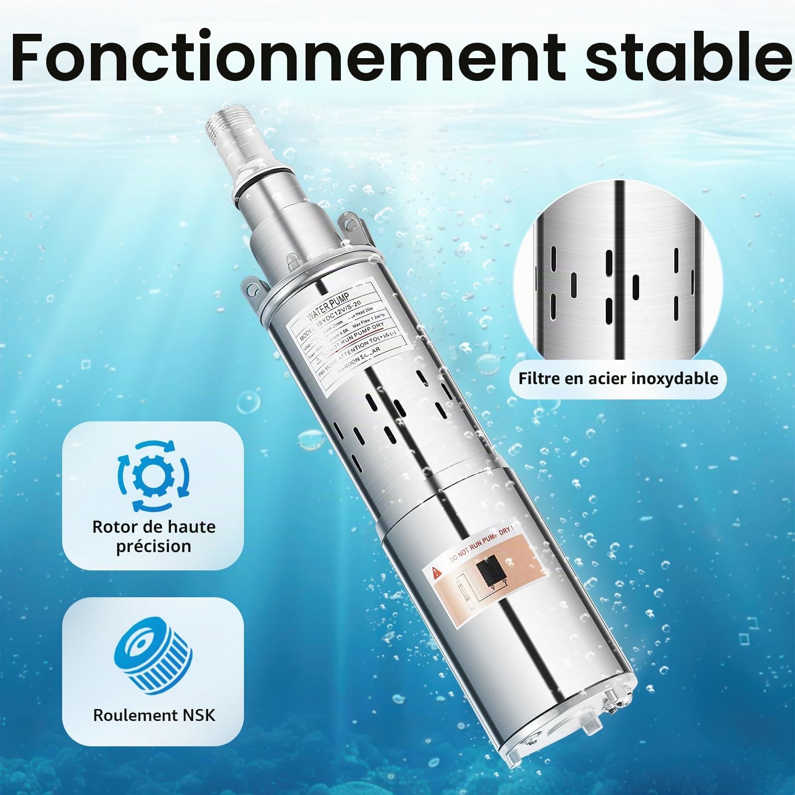 Pompe de puits profond, 12 V, 180 W, en acier inoxydable, submersible, sortie de 25 mm à 20 m, 1,2 m³/h, idéale pour l'irrigation ou l'approvisionnement en eau