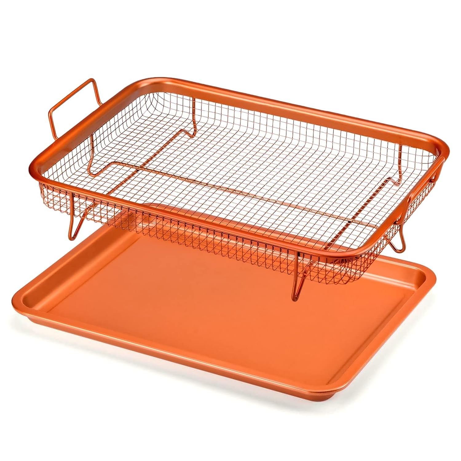 Crisping Basket & Tray Set | Crisper Tray for Oven, Nonstick Copper Crisper Tray & Basket | Air Fry Crisper Basket | Tray & Grease Catcher | Even Cooking | Non-Stick | Healthy Cooking