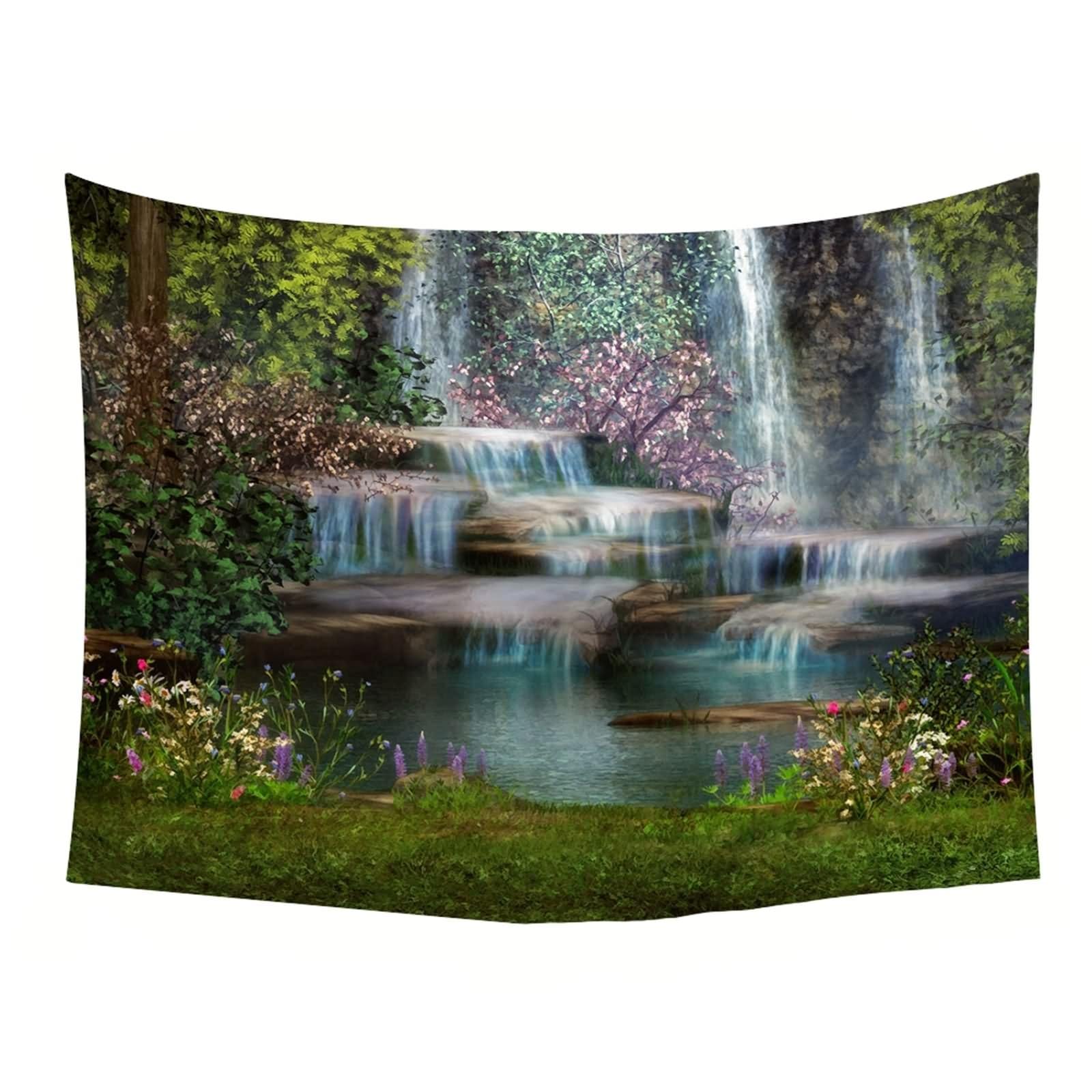 Aotiwe Dekoracja ścienna do pokoju, dywan ścienny w stylu boho, długie drzewa i wodospad, zielono-brązowy, 240 x 220 cm, dekoracja ścienna