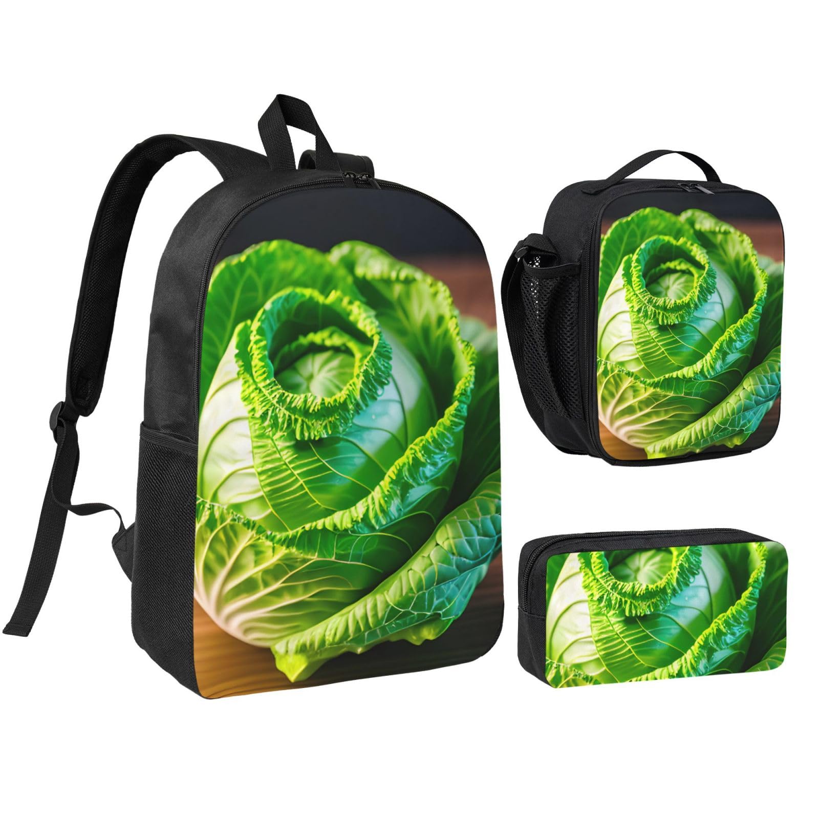 Jbjgkhlp Black Bright Cabbage Print School Backpack Set Lunch Bag Pen Case School Travel Outdoor Activities Shopping