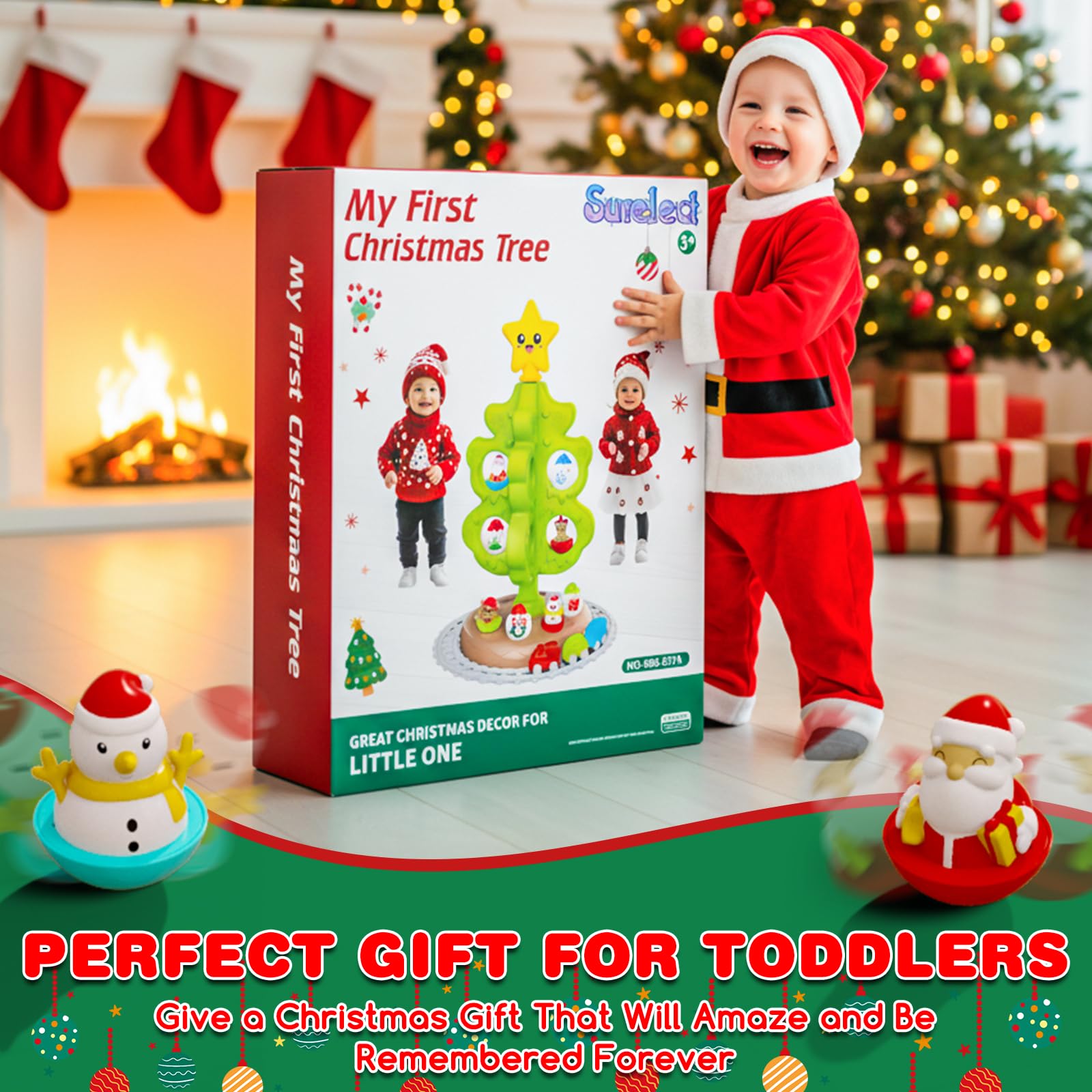 Mio Primo Albero di Natale per Bambini, Giocattolo Montessoriano Musicale con Luci e Decorazioni, Set di Trenini in Miniatura, Giocattoli a Rulli, Burattini da Dito, Regali Natale per Bambini Bambina