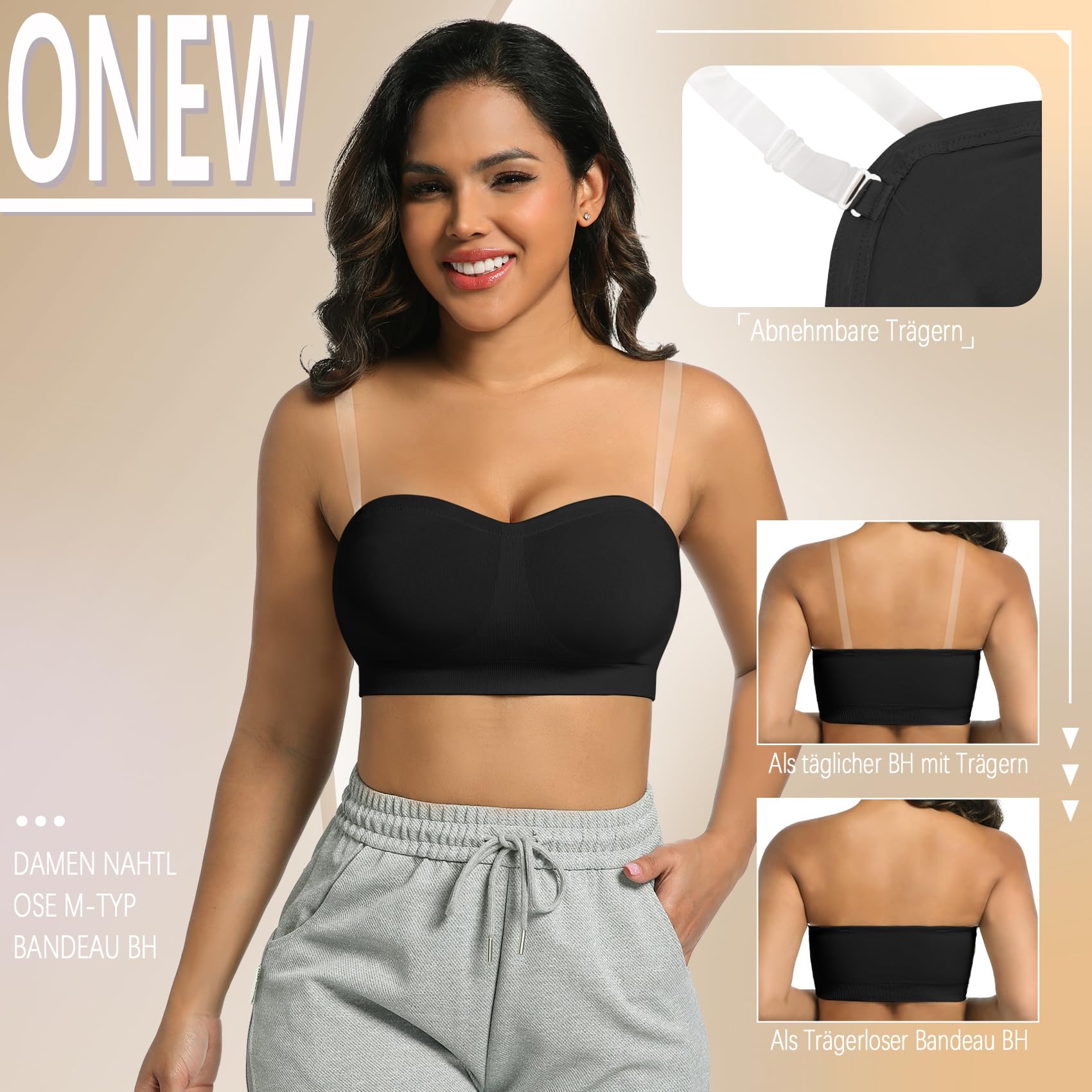 ONEW Nahtlos Bandeau BH Damen Trägerloser Bustier Top ohne Bügel Schulterfrei Bra Tube Top mit Transparenten Trägern