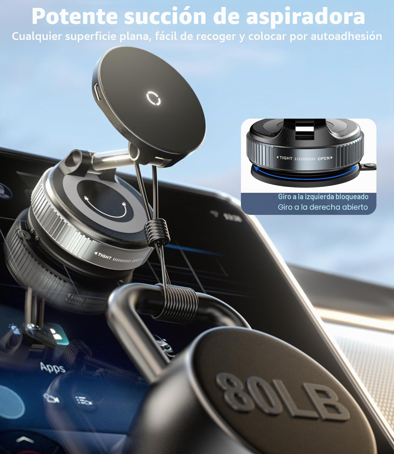 CloudValley Cargador Inalámbrico para Coche 15W con Soporte Magnético, Base de Gel para Superficies Rugosas, Ajuste de 360°, Compatible con Magsafe iPhone 17 16 15 14 13 12 Pro MAX