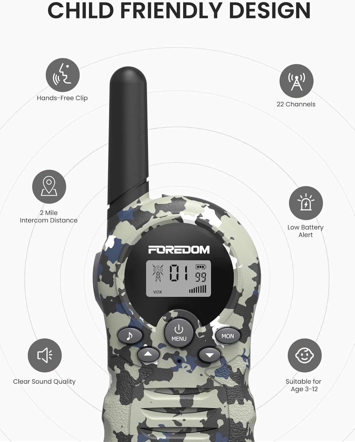 FOREDOM Walkie Talkies for Kids Walkie Talkies Long Range for Boys & Girls Age 3 to 12 Year Old Birthday Cool Army Toys - 2 Pack