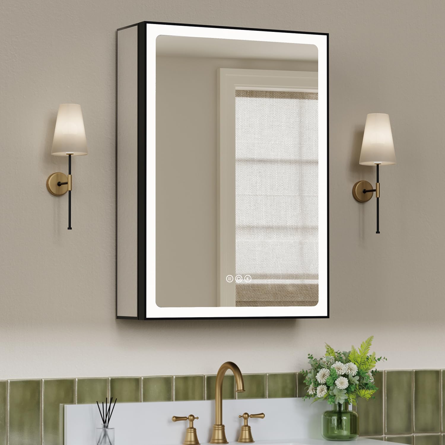 24x30 inch medicine cabinet with mirror, recessed or surface mount bathroom medicine cabinet with led lights, anti-fog, adjustable shelf, dimmable light, outlets & usb,etl listed, left hinge,black