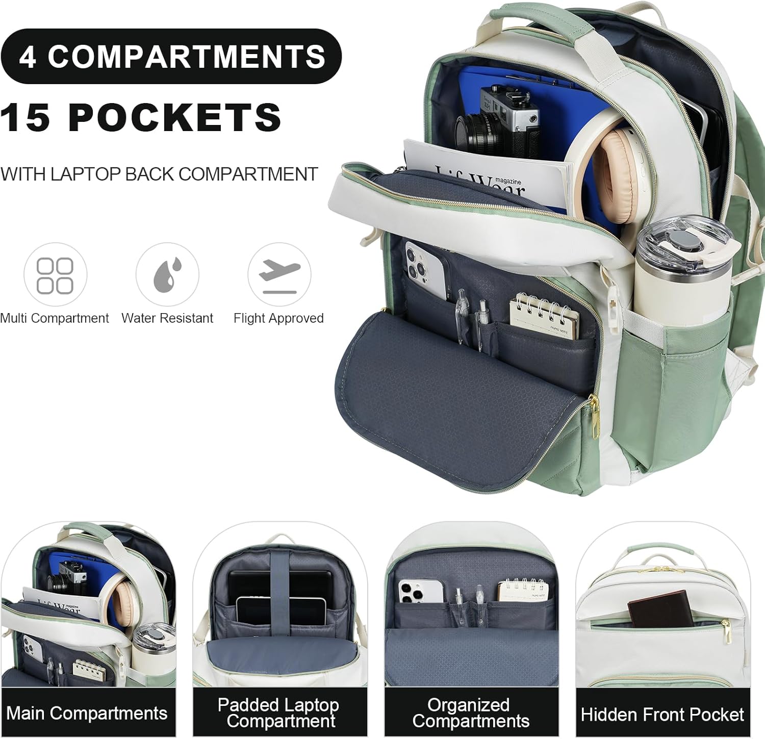 VANKEAN Laptop Backpack for Women with Giant Tumbler Holder Pocket,17.3 inch School College Book Bag Nurse Teacher Backpack,Waterproof Work Travel Backpack Purse Laptop Computer Bag, Beige-Light Green