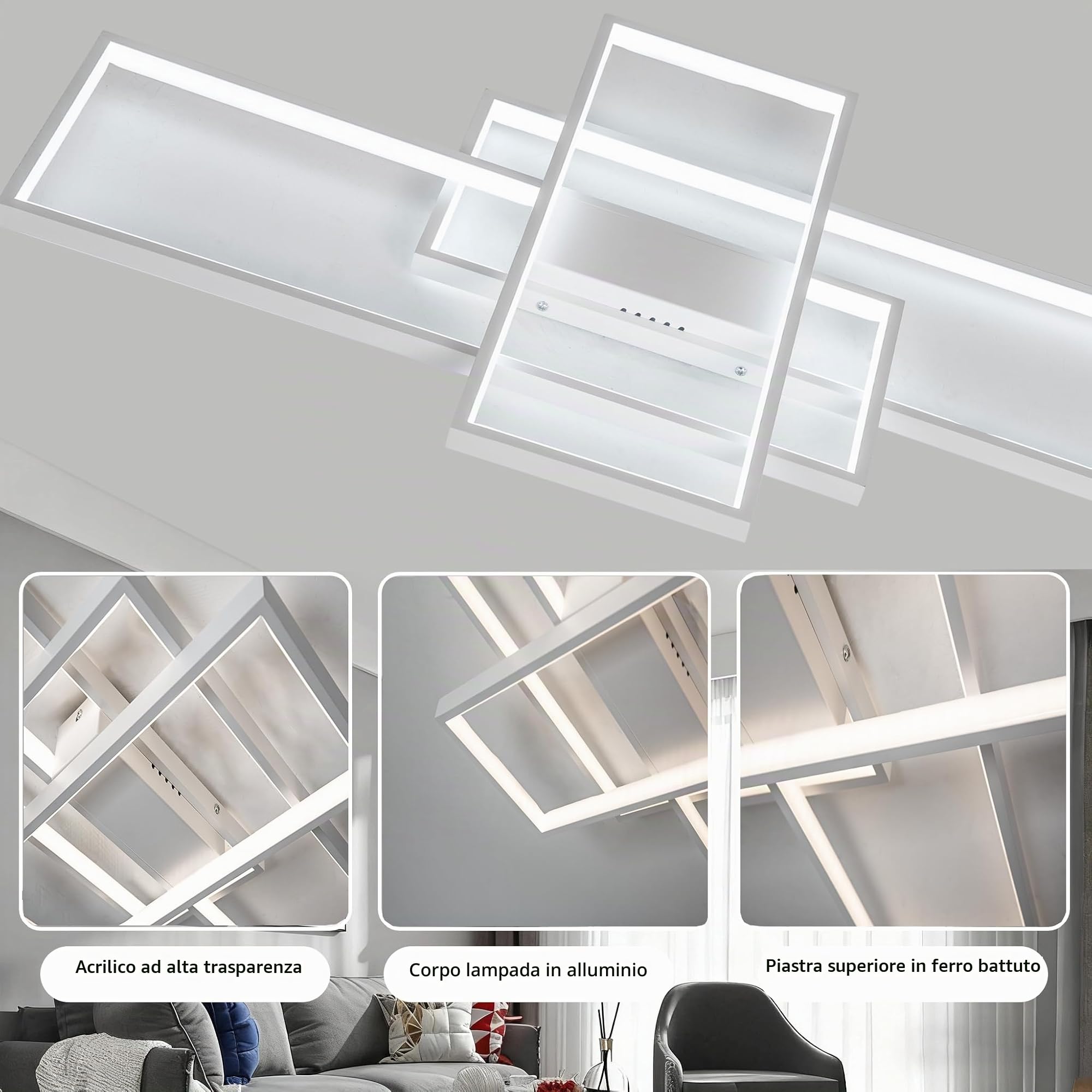 Plafoniera LED Soffitto Moderna,Plafoniera Salotto Dimmerabile, 115W Quadrata Geometrica Lampada Da Soffitto,per Decorativa Soggiorno, Camera da Letto,Sala da Pranzo,Cucina,Ufficio,140cm, Bianco