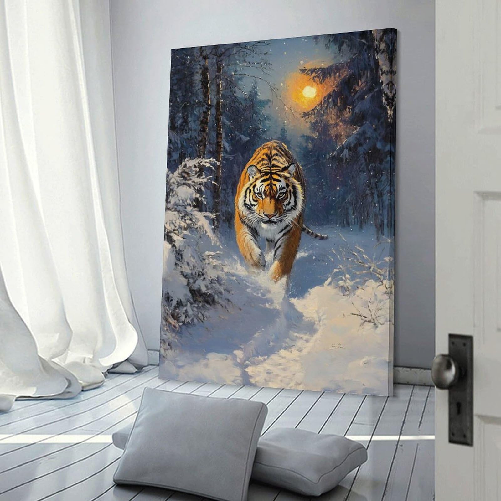 Junmoney Frame-Style Tiger In Snowy Forest Decorative Wall Artwork 16X24inch(40X60cm), For Corridors, Hallways Or Apartment Entries, Home Artwork For First Impressions