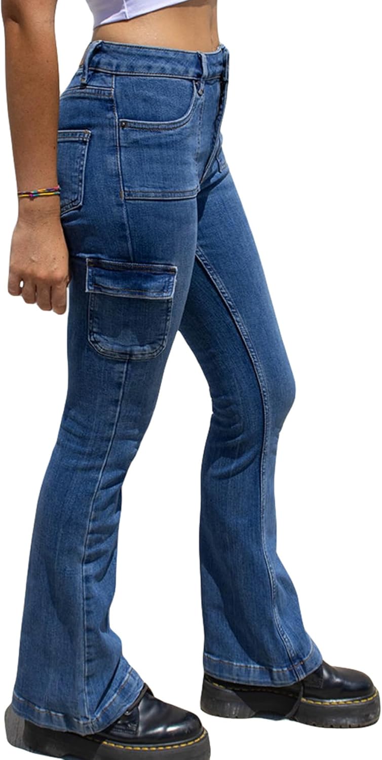 Womens Cargo Bootcut Jeans 6 Pockets Stretchy Denim Pants