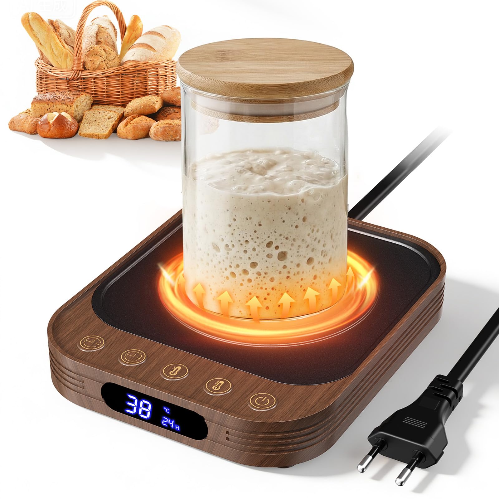 MQUPIN Scaldacollo a lievito naturale, 21 – 38 °C, termostato preciso da 1 °C, piastra di mantenimento del lievito naturale con funzione timer da 24 ore, per fermentazione lievito (venature del legno)