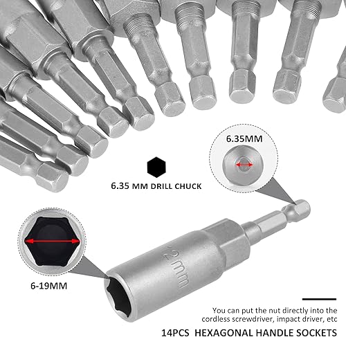 Miniatura 5 de Juego de 14 llaves hexagonales, kit de adaptador de enchufe profundo de 0.394 a 0.794 pulgadas, juego de brocas de tuerca de cambio rápido,