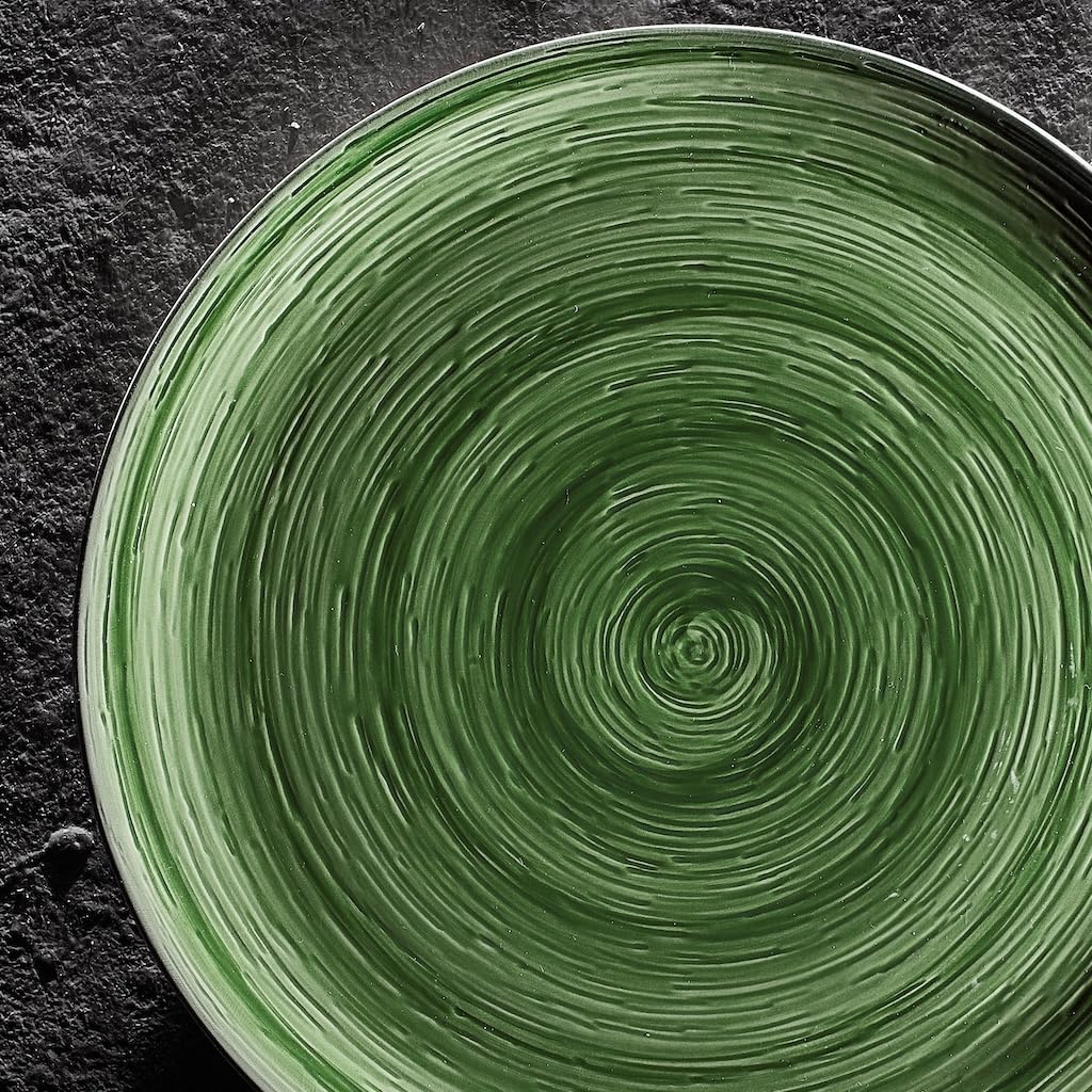 Set Di 6 Piatti Piani Memento Table In Ceramica Smaltata, Dipinti A Mano, Made In Italy, Diametro 27,5 Cm, Decorazione A Spirale