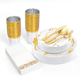 BAYZZ 175Pcs Plastic Dinnerware Set, 50 White and Gold Plastic Plates with Marbling Design, 25 Gold Plastic Silverware, 25 Gold Cups, 25 Napkins, 25 Guest Disposable Dinnerware Set for Wedding, Party