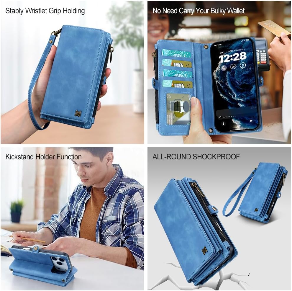 for iPhone 16 Pro Max Wallet Phone Case with 8 Card Holder,RFID Blocking | PU Leather | Kickstand | Flip | Wrist Strap&Shoulder Strap | Shockproof | Zipper Wallet | Women Men | 6.9" | Sky Blue