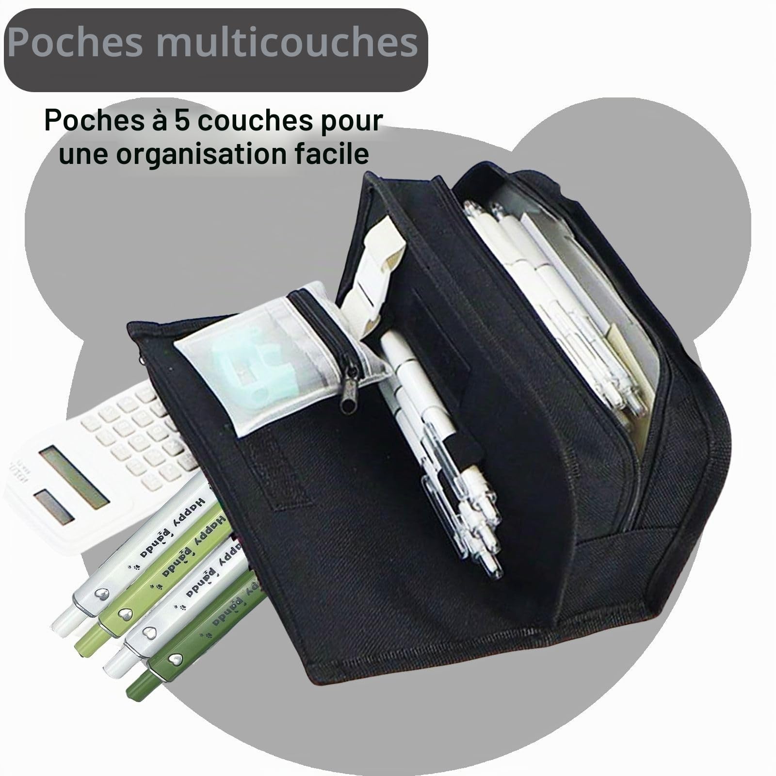 Trousse Scolaire Panda Kawaii Grande Capacité Plusieurs Compartiments Noir