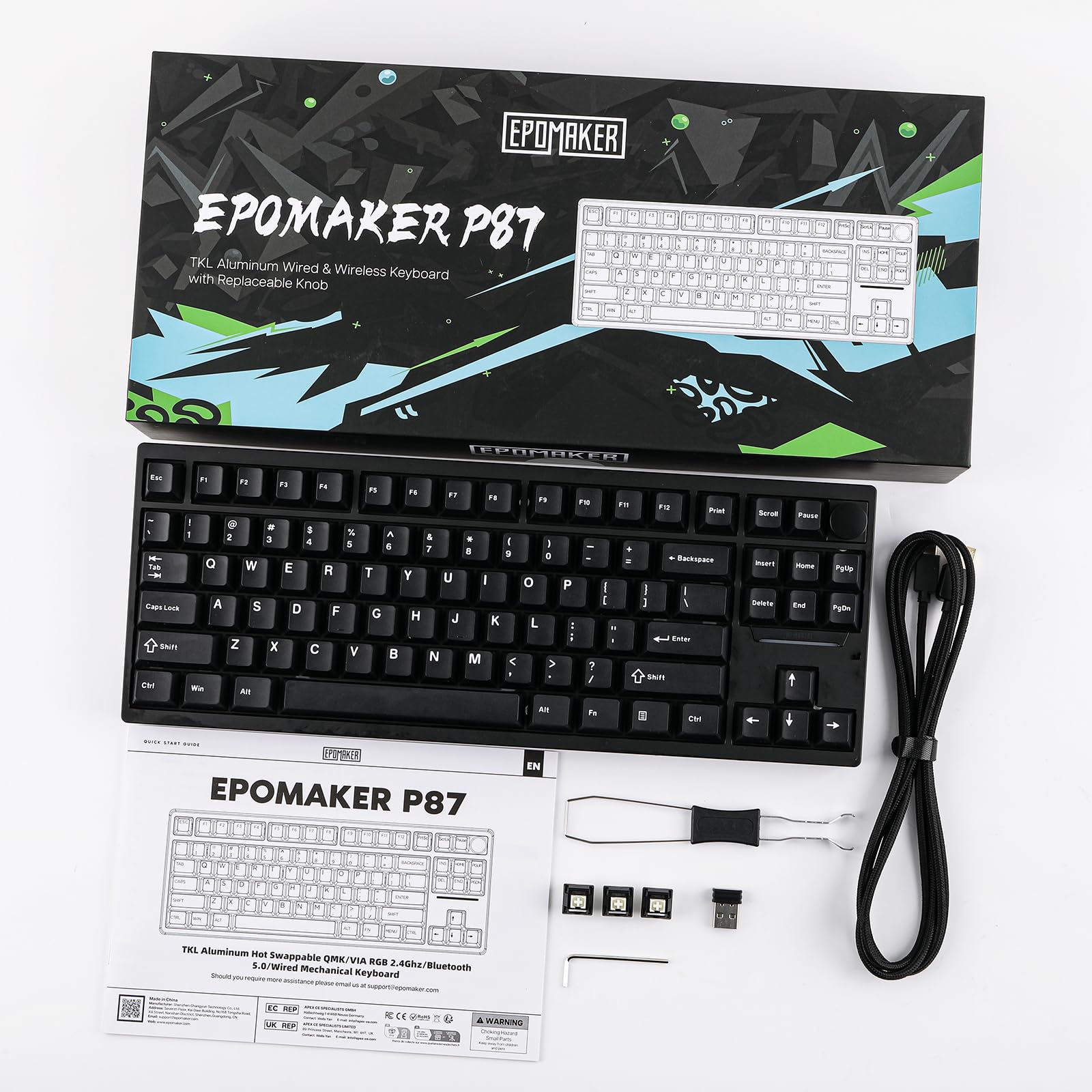 EPOMAKER P87 Teclado Mecánico Inalámbrico de Aluminio para Juegos, Programable con QMK/Via, Diseño 87% US, Bluetooth/2.4Ghz/USB-C, con Perilla de Metal CNC y RGB (Negro, Zebra Linear)
