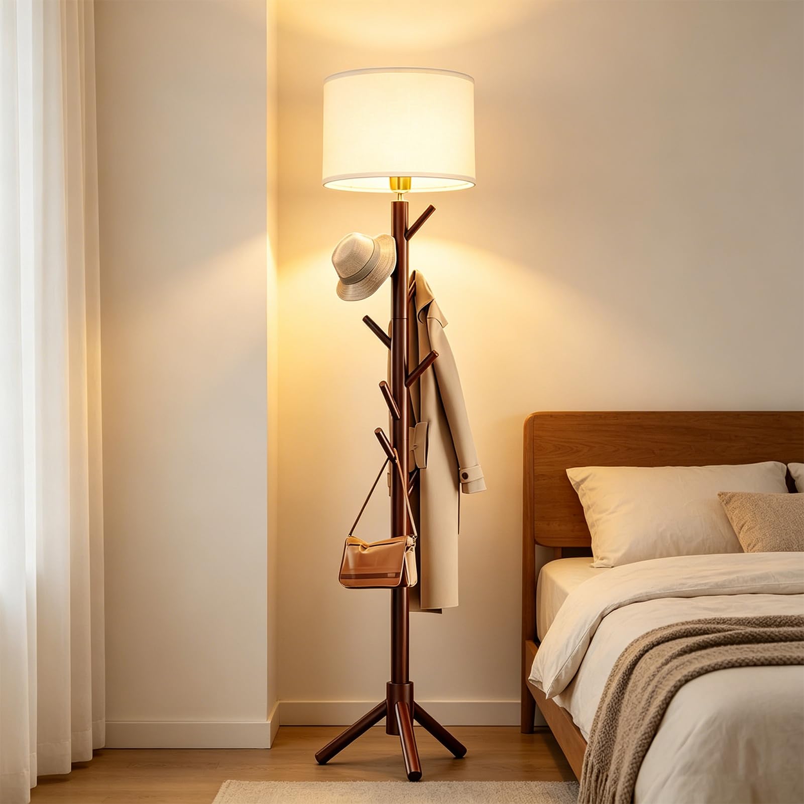 Amy&Lucky Floor Lamp with Coat Rack, Multi-Functional Standing Lamp with Linen Fabric Lampshade, 8 Sturdy Wooden Hooks Heavy-Duty Base, Modern Hallway and Reading Lamp for Living Room Bedroom