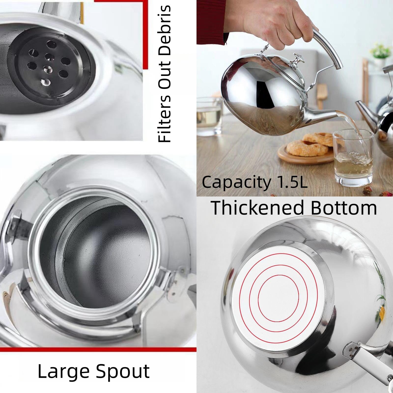 Tetera de acero inoxidable de 1500 ml para estufa, tetera de té plateada con infusor extraíble, caldera de agua caliente para té, leche, café, apta para lavavajillas