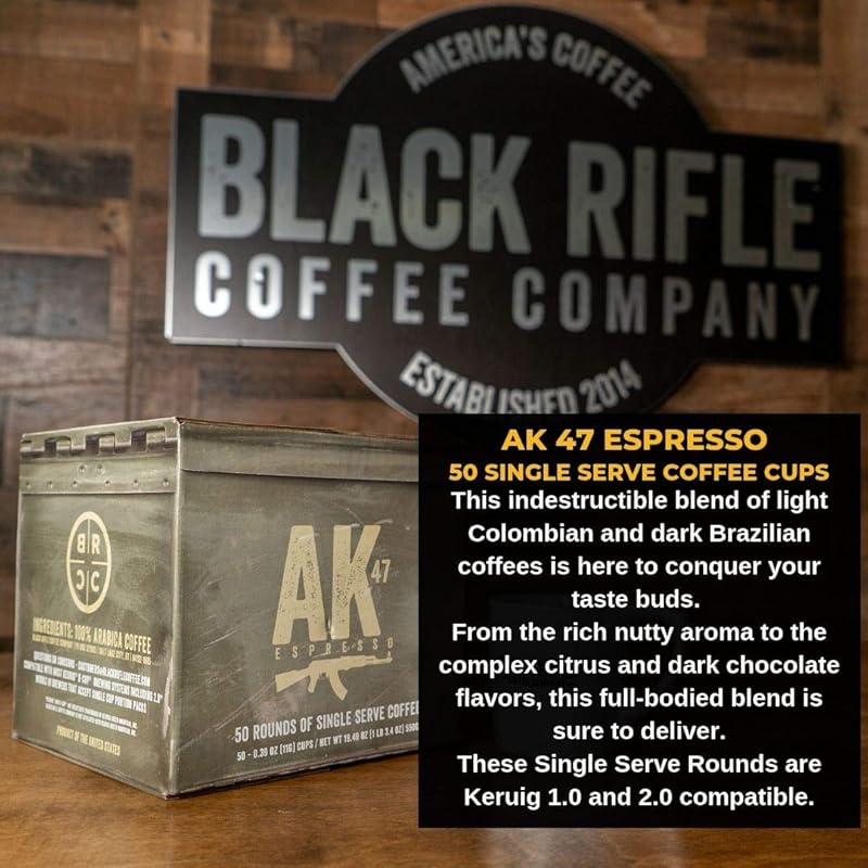 Black Rifle Coffee Company AK Espresso, 50 Count, Medium Roast K Cups - Single Serve K Cups Coffee Pods - Kcup Pods Compatible with Keurig 1.0 & 2.0 - Made from Arabica Beans AK Espresso 50 Count (Pack of 1)