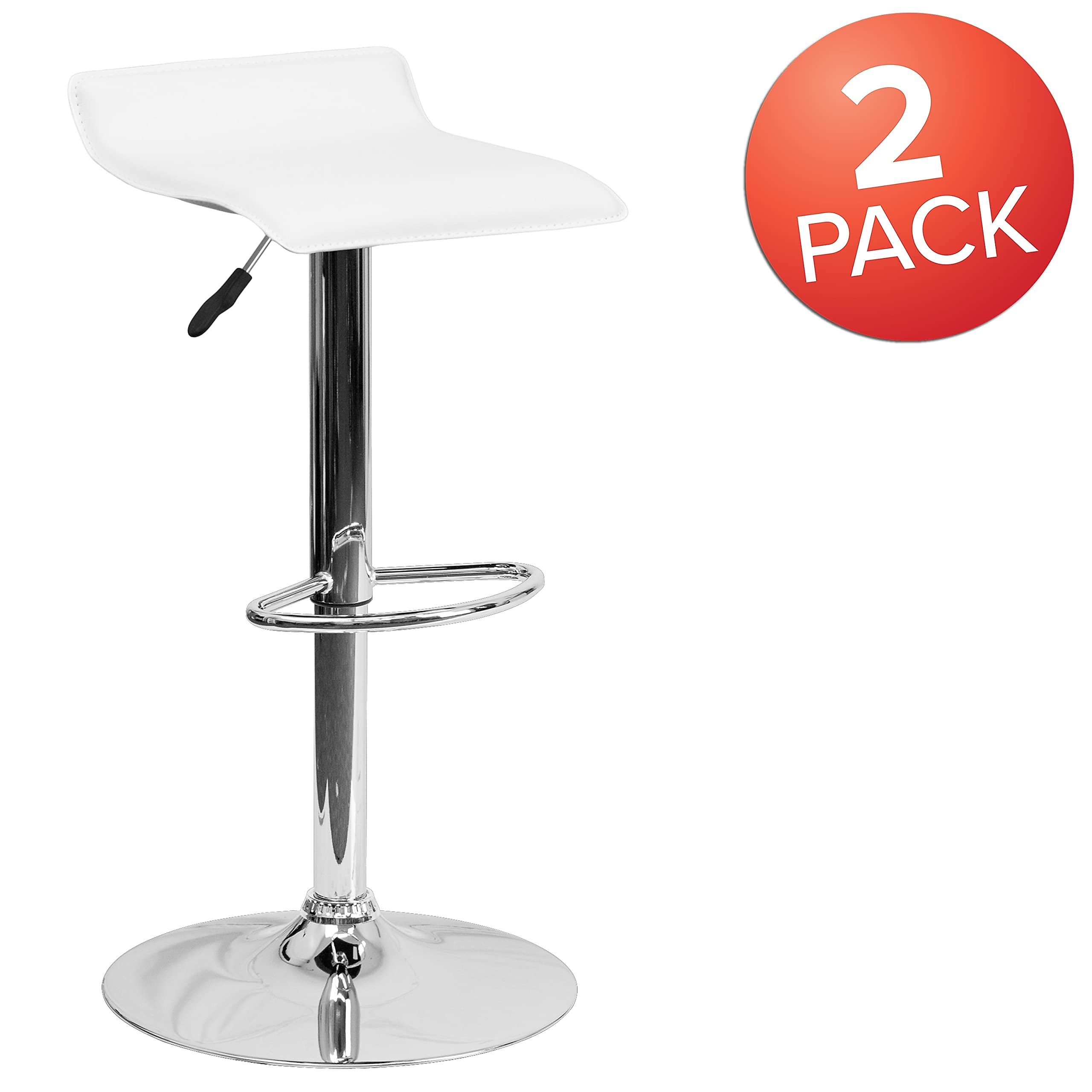 Flash Furniture Athens - Sgabello da Bar Moderno in Vinile Bianco, Altezza Regolabile, con Solida Seduta ondulata e Base cromata, Confezione da 2
