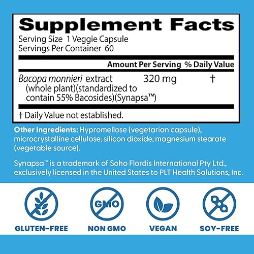 Miniatura 4 de Doctor's Best Bacopa con sinapsa, cerebro, mejora la memoria, antioxidante, sin OMG, vegano, sin gluten ni soja, 320 mg, 60 unidades