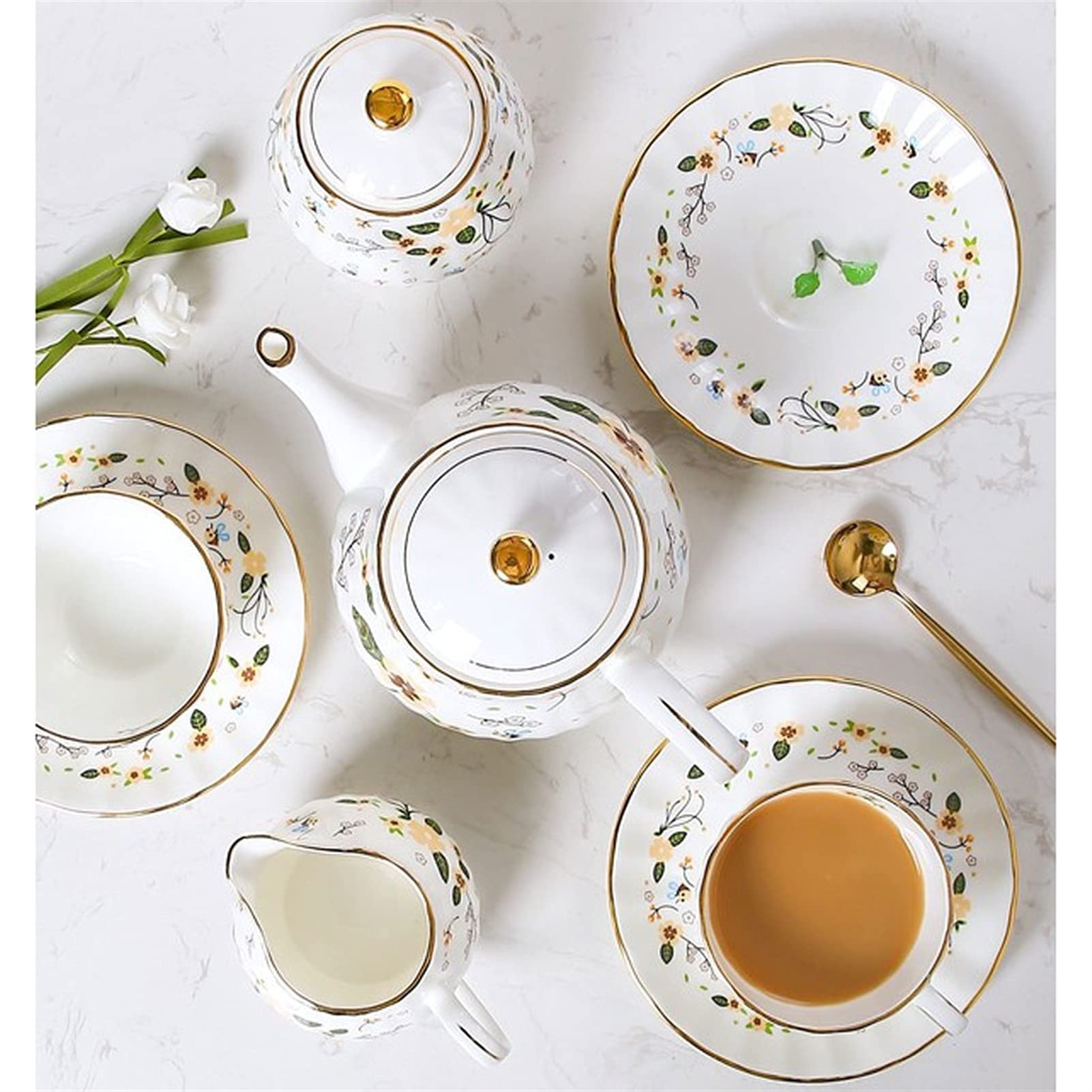 Tazze da caffè Serie di tazza di caffè in ceramica Serie, 6 tazze e piattini, caffettiera, zuccheria, Brocca di latte (senza cucchiaino e caffettiera) Phnom Penh Pener Pomeriggio Tè in Pomeriggio Set