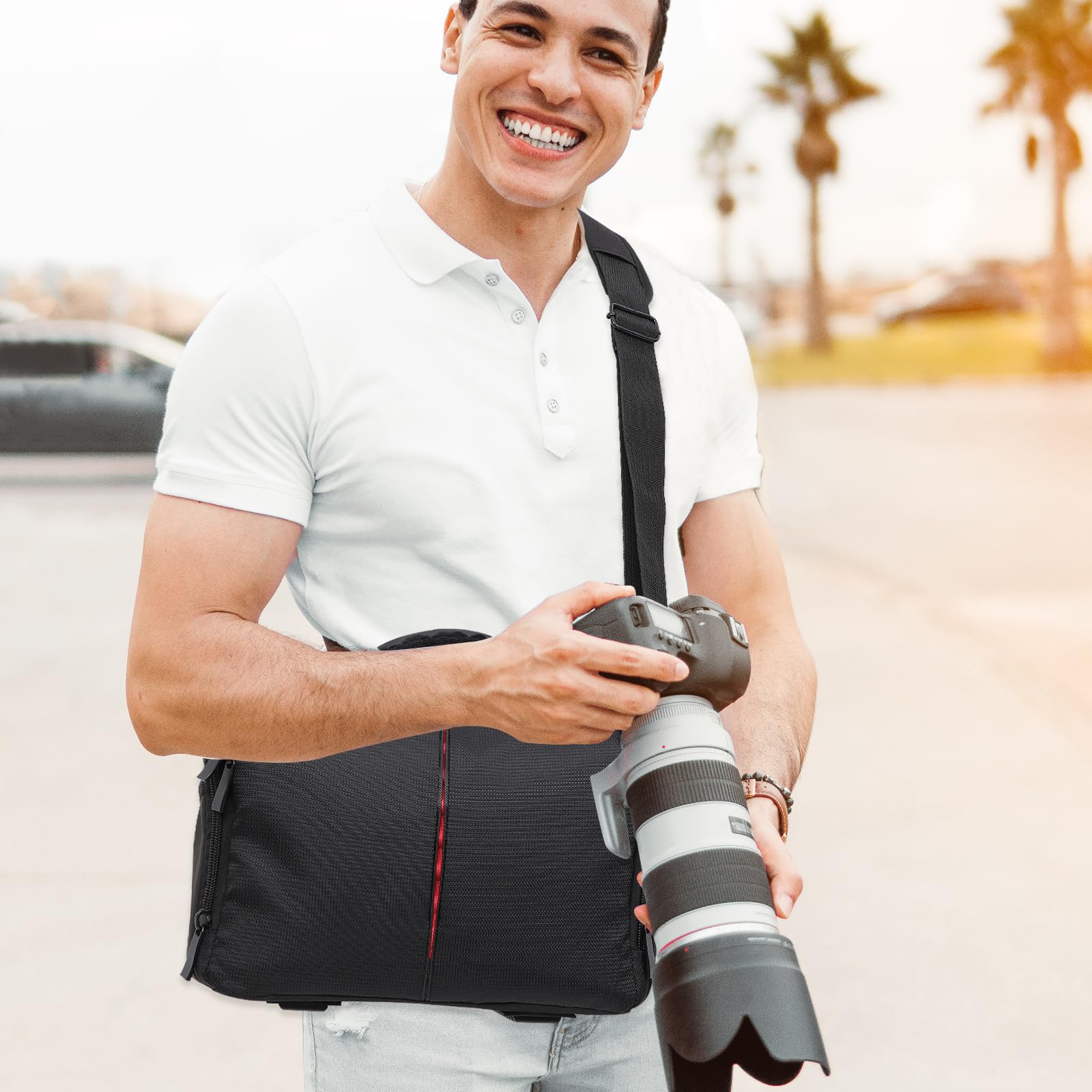 Abaodam Bolso para Cámara Acolchado de Nylon Negro Funda Lluvia | Resistente a Golpes, Bandolera para Accesorios Fotográficos, Diseño Compacto y Elegante