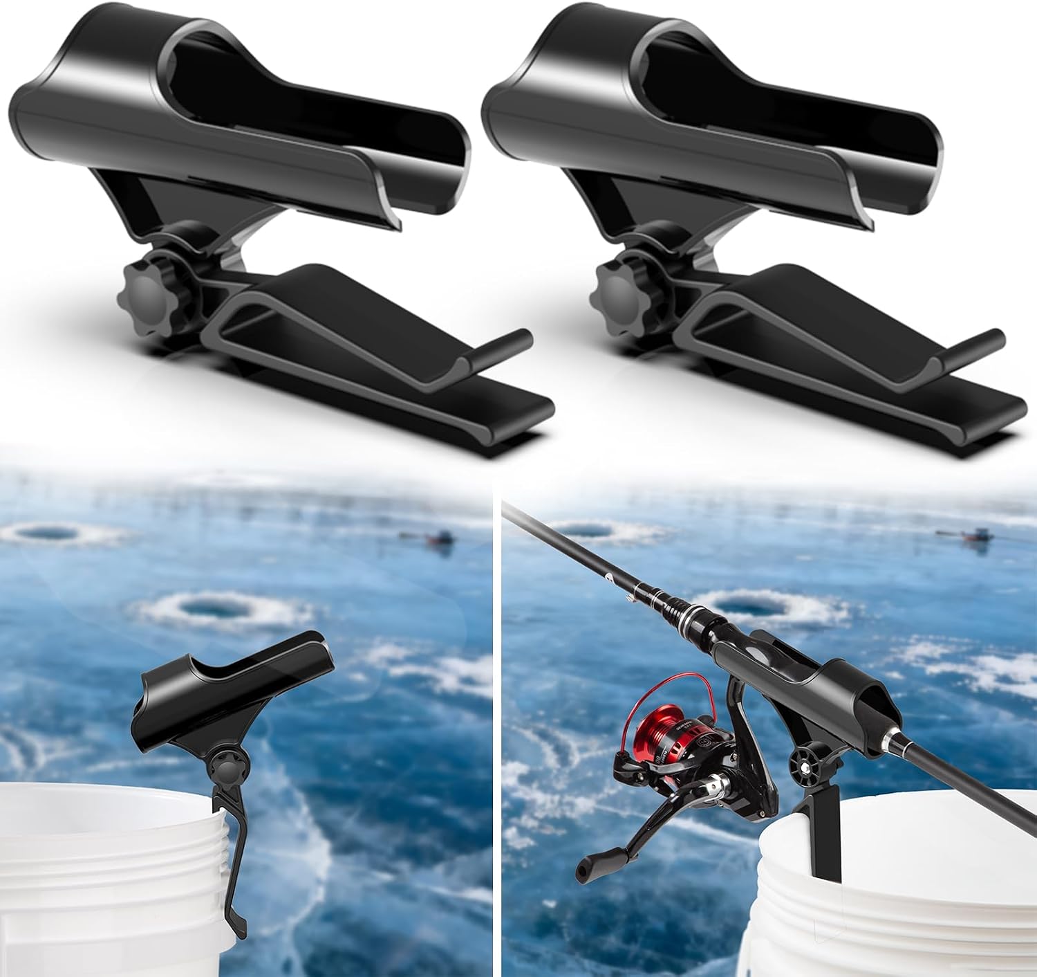 Huntury Adjustable Bucket Rod Holder for Ice Fishing, Clip On Mount, Foldable, Adjustable Angle, Ice Fishing Accessories
