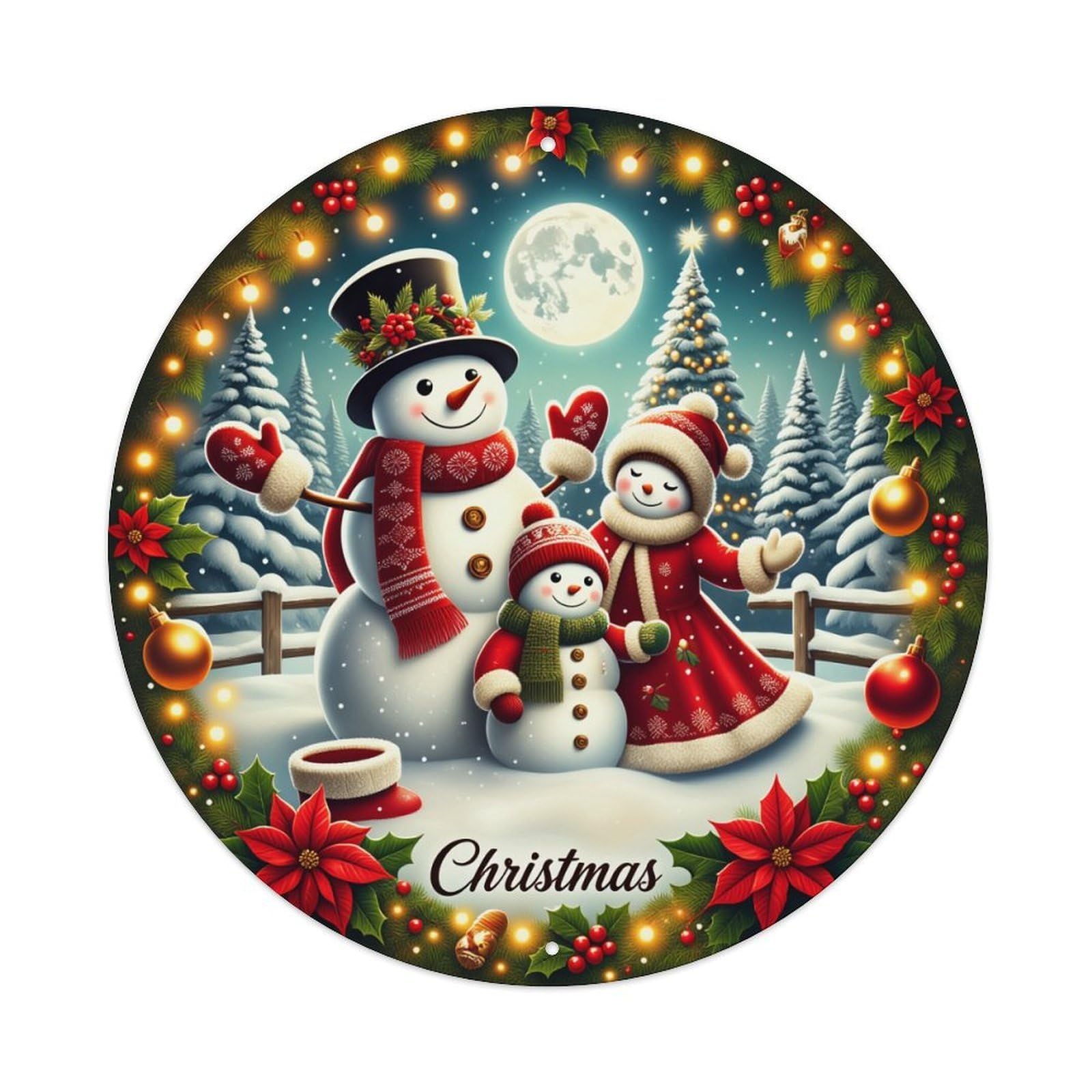 Snowman Family Winter Scene Christmas Vintage Round Tin Sign Retro Metal Wall Decor Metal Poster, Home Bar Garage Cafe Wall Art Decoration 8x8Inches