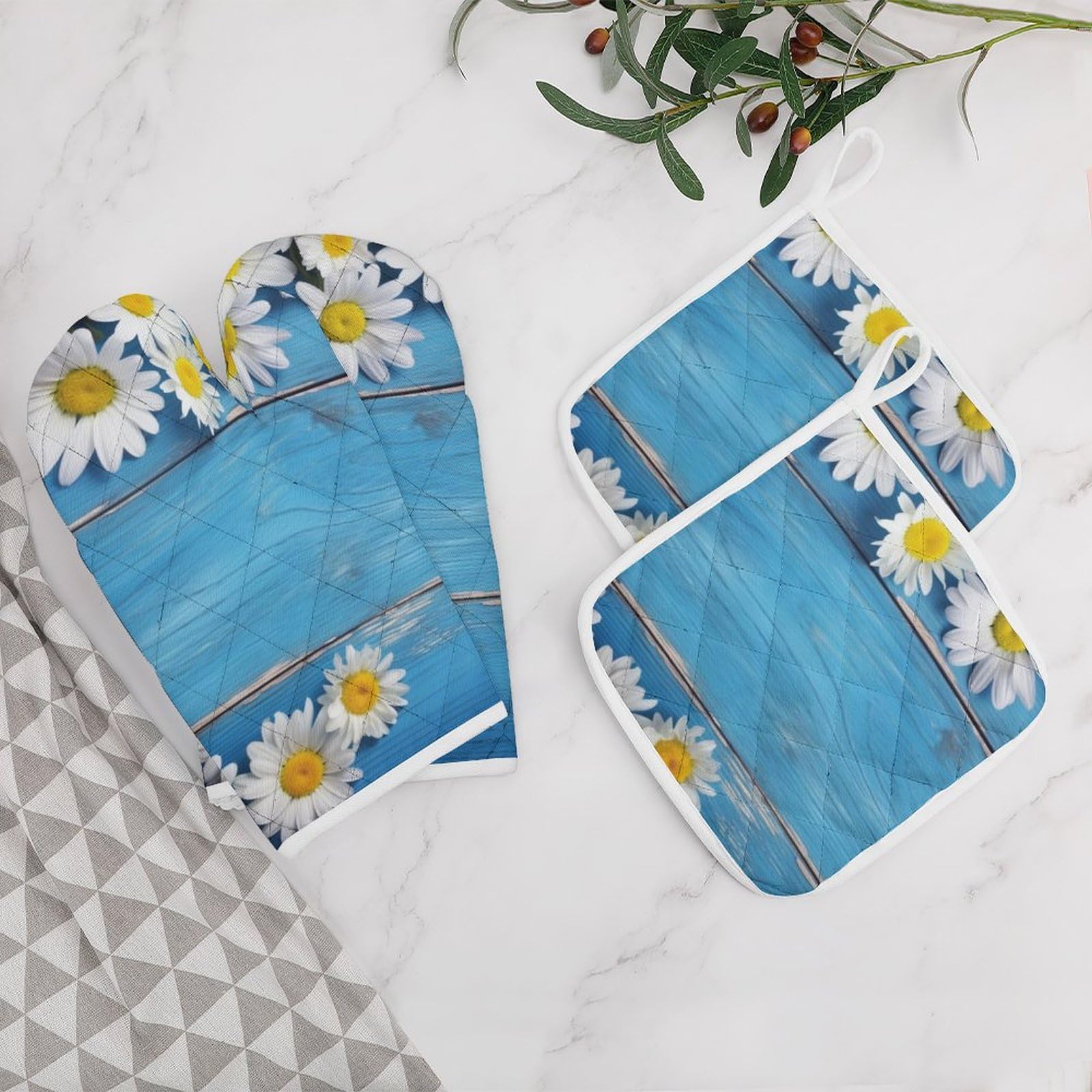 Lot de 4 maniques de cuisine en bois résistant à la chaleur avec coussinets chauds à suspendre Motif marguerites Bleu