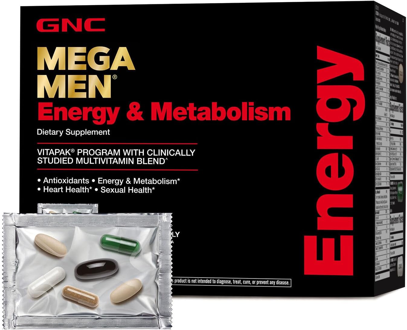 GNC Mega Men Energy and Metabolism Vitapak Program for Men, Convenient, Complete Nutrition, 5 Products in 1 Packet, Calorie Burn, Thermogenic, 300mg Caffeine, 30 Daily Packs