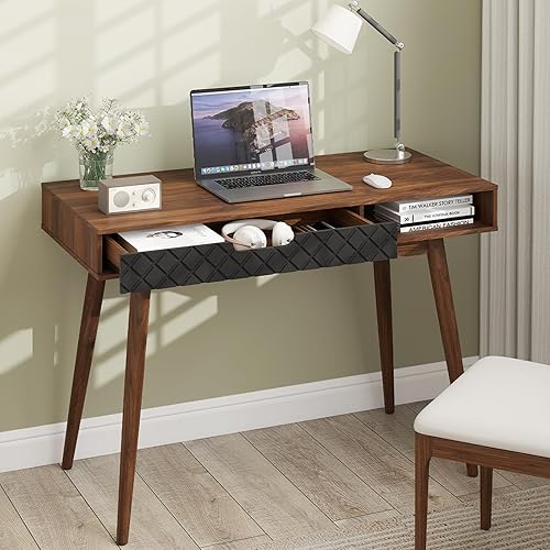 Tangkula Escritorio moderno para computadora de mediados de siglo, escritorio de oficina en casa con cajón y compartimento abierto, escritorio para