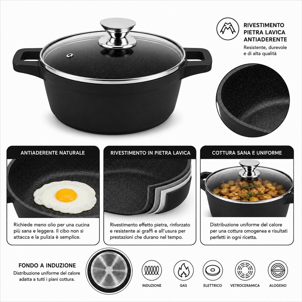 Set Casseruole 11 Pezzi in Alluminio Pressofuso con Rivestimento Effetto Pietra Lavica Antiaderente – 3 Pentole con Coperchi in Vetro (20/24/28 cm) + 5 Utensili da Cucina – Adatte a Induzione (Nero)