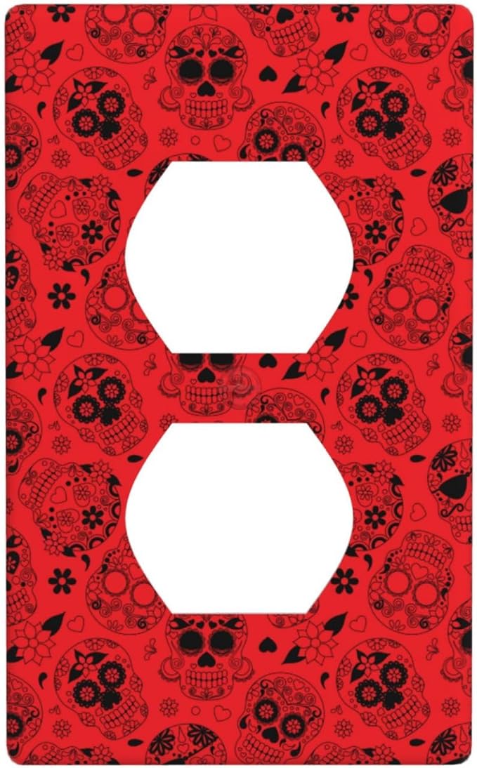 1-Gang Duplex Device Receptacle Decorative Wall Plate Day Of The Dead Sugar Skull Soul Red, For Living Room, Bedroom, Kitchen Standard Size 4.5