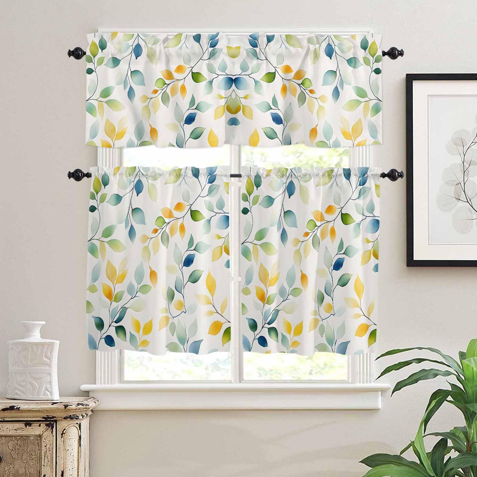 Spring Leaves Kitchen Curtains 24 Inch Length,3 Piece Rod Pocket Small Half Tiers and Valance Set,Colorful Botanical Eucalyptus Vines Plants Small Large Window Treatment Decor for Bedroom/Bathroom